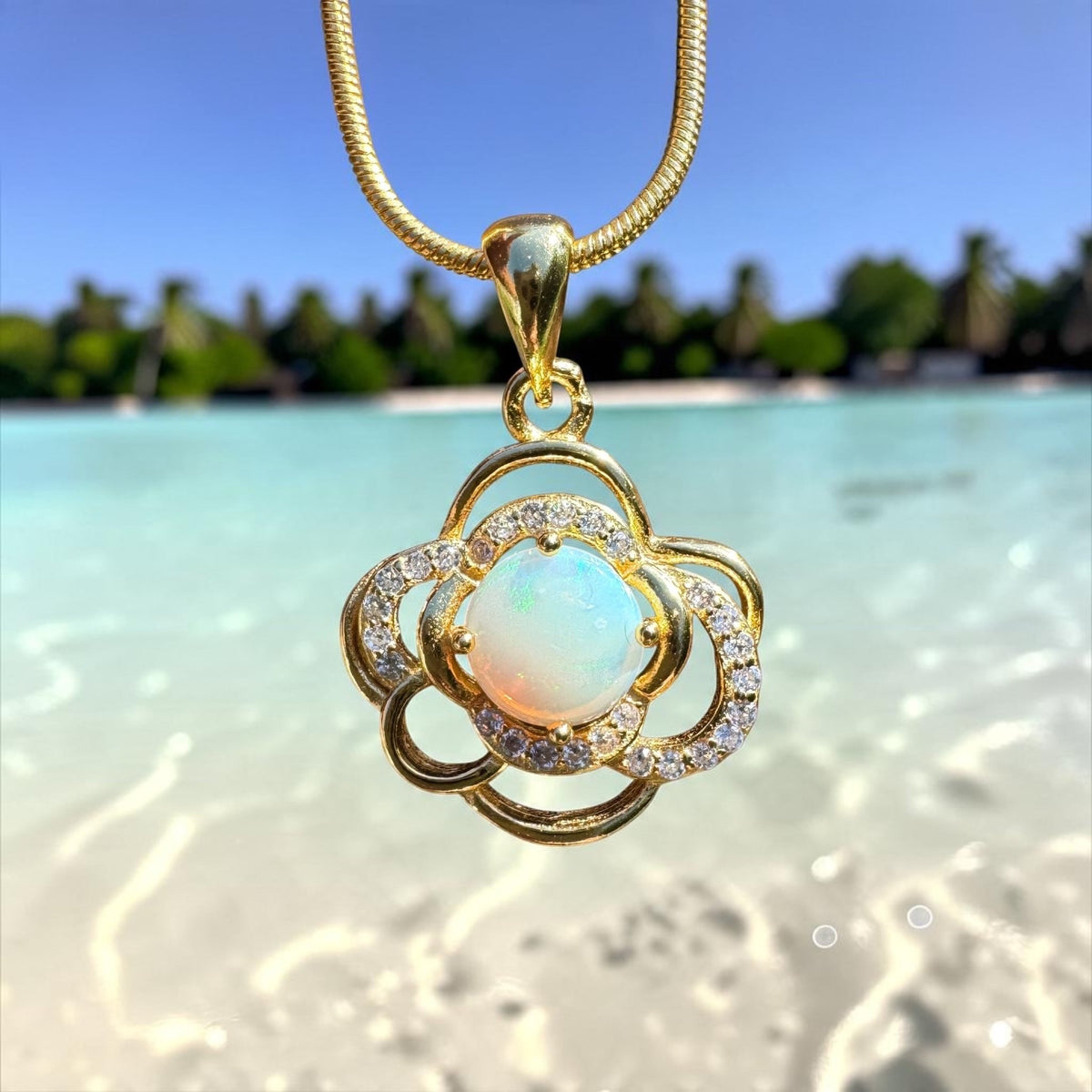 0.7ct Coober Pedy Opal & Cubic Zirconia Pendant Necklace ~ 'Castlemaine Gold' | Yellow Gold Coated 925 Sterling Silver | Solid Australian Opal