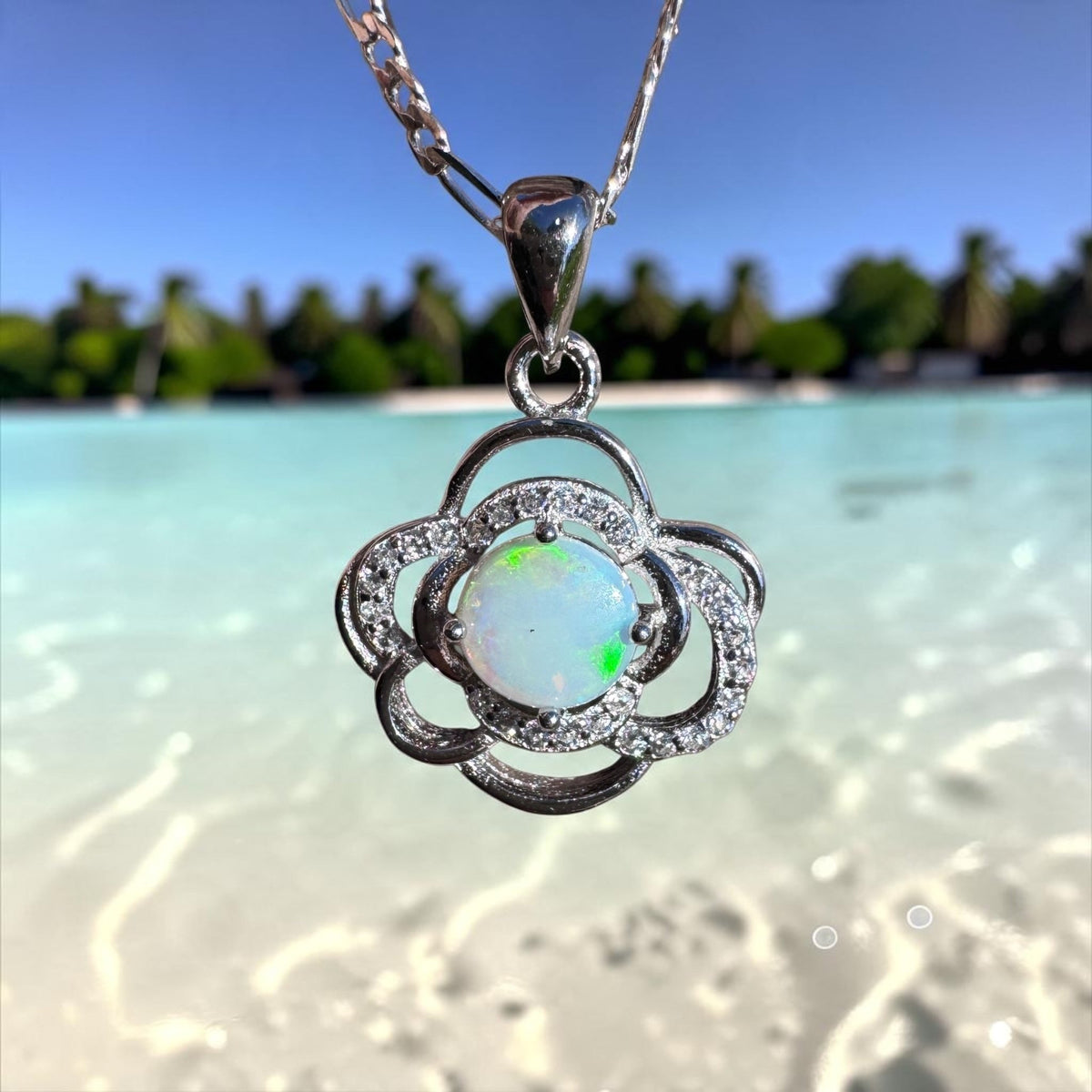 0.7ct Coober Pedy Opal & Cubic Zirconia Pendant Necklace ~ 'Lake Bennett Blue' | 925 Sterling Silver | Solid Australian Opal