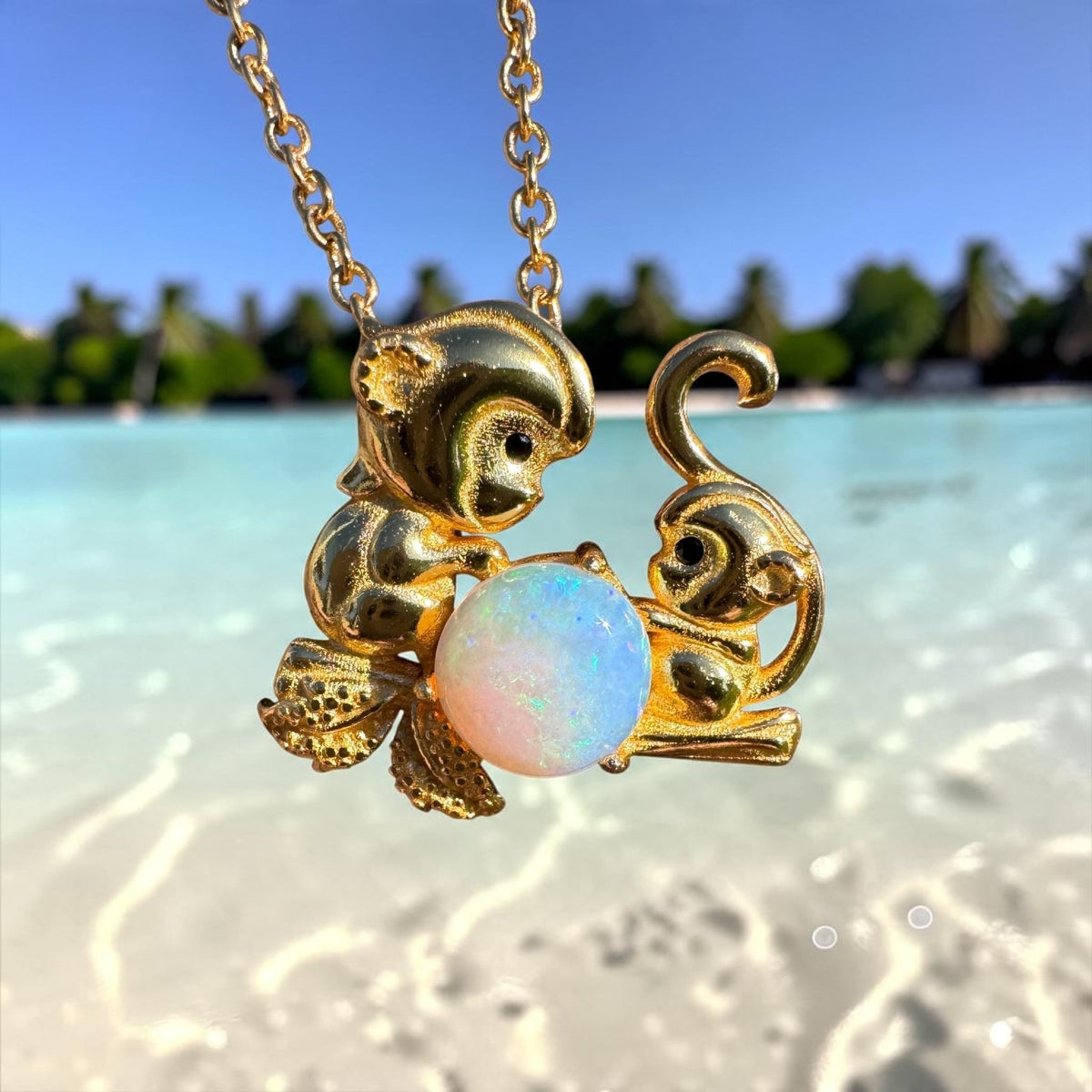 0.7ct Coober Pedy Opal Monkey Pendant Necklace ~ 'Taronga Gold' | Yellow Gold Coated 925 Sterling Silver | Solid Australian Opal