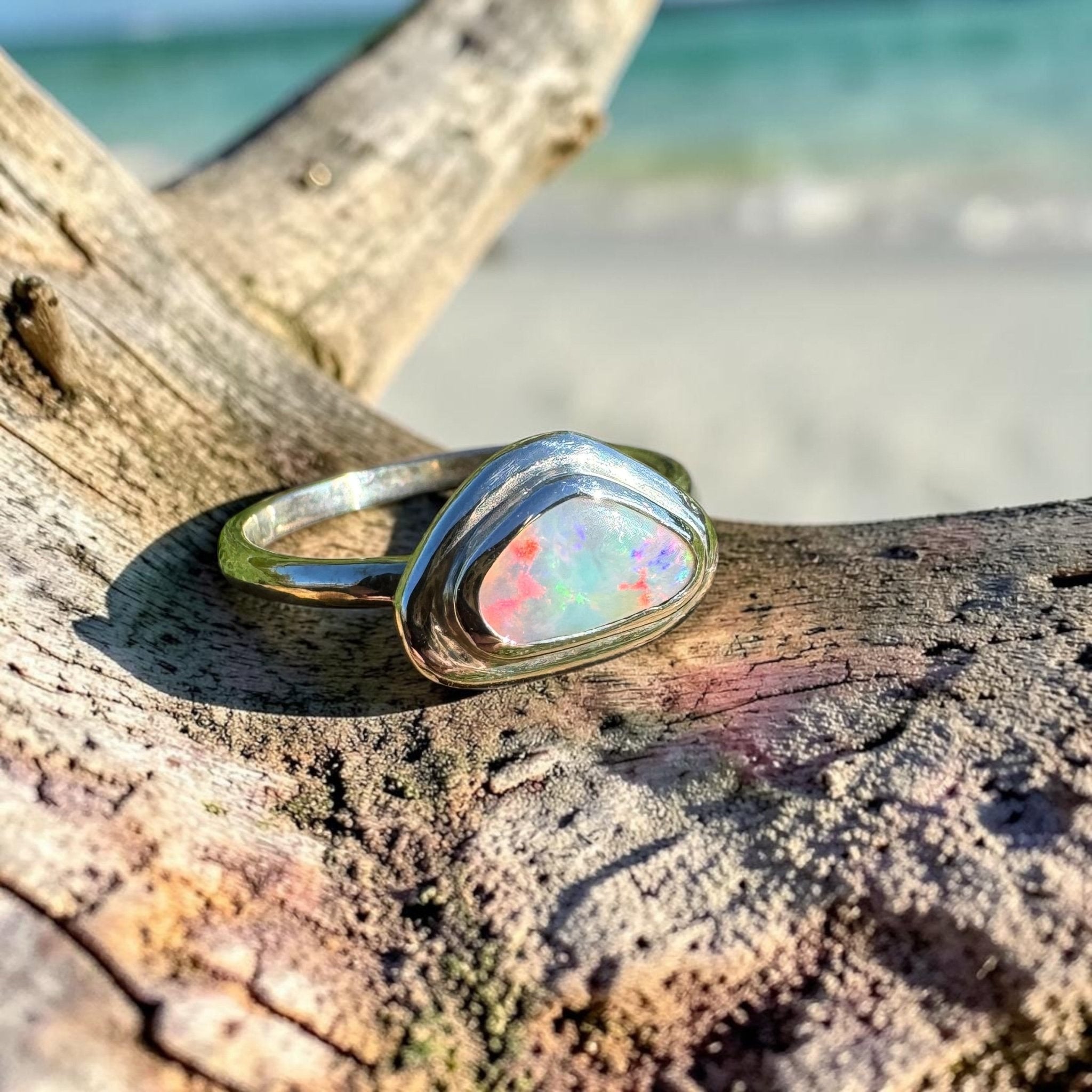 0.7ct Coober Pedy Opal Ring ~ 'Cape Byron Kaleidoscope' | 925 Sterling Silver | Solid Australian Opal