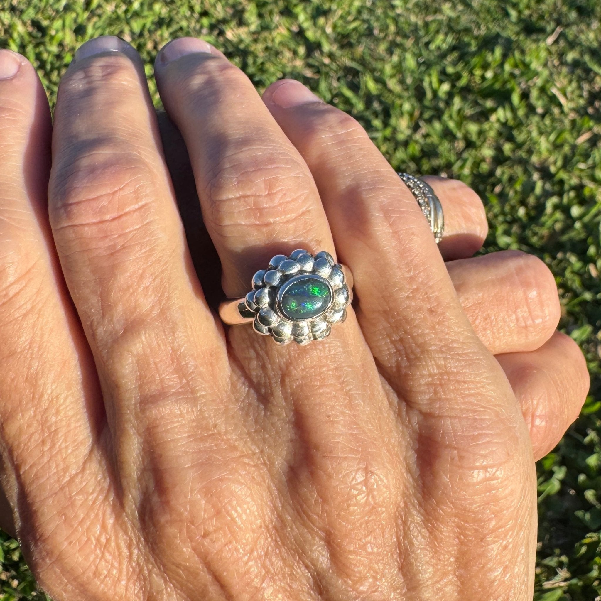 0.7ct Lightning Ridge Black Opal Ring ~ 'Silver Ember' | 925 Sterling Silver | Solid Australian Opal