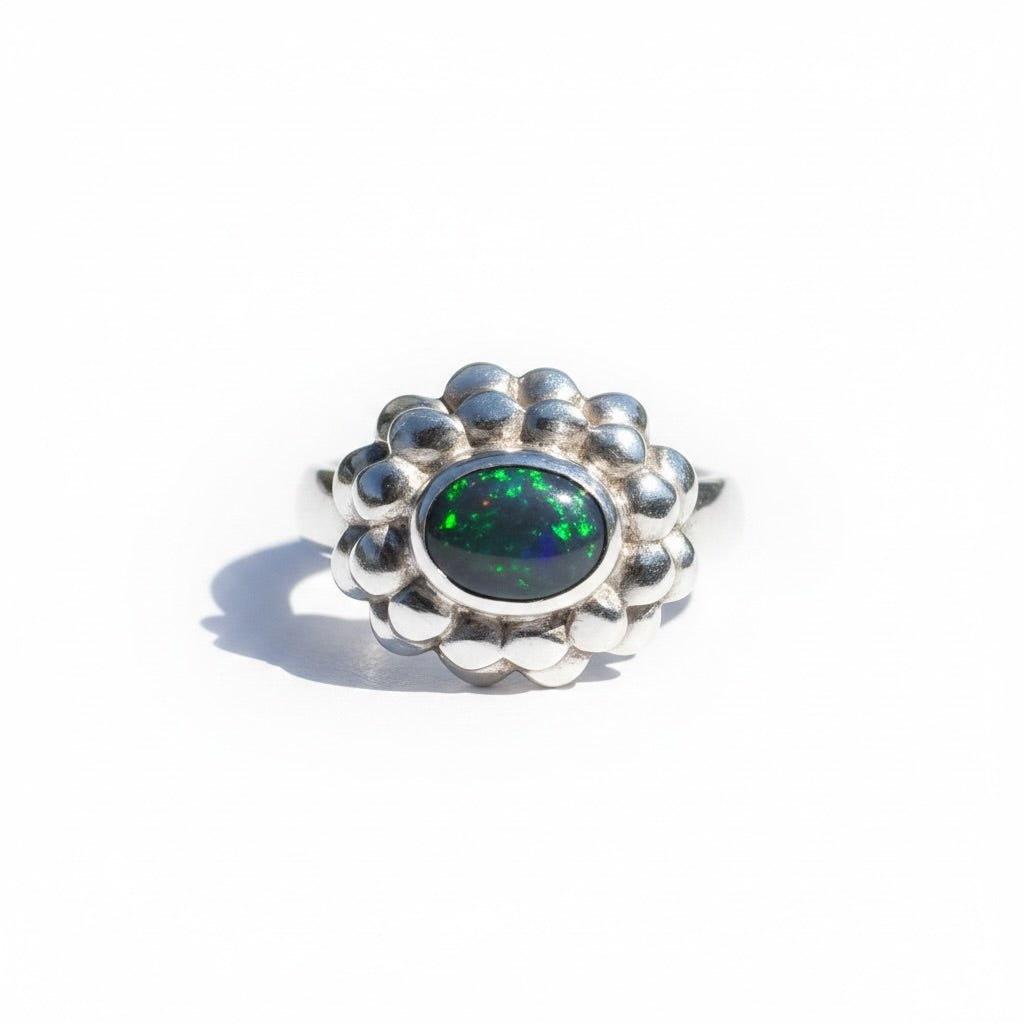 0.7ct Lightning Ridge Black Opal Ring ~ 'Silver Ember' | 925 Sterling Silver | Solid Australian Opal