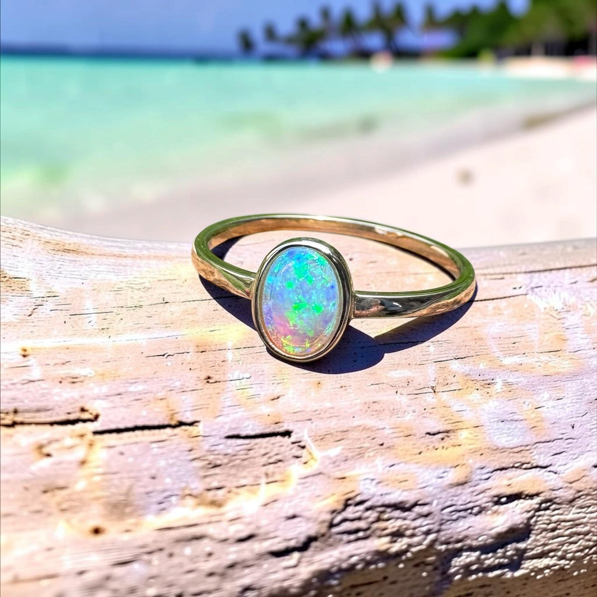 0.7ct Lightning Ridge Crystal Opal Ring ~ 'Hervey Bay Blues' | 9ct Yellow Gold | Solid Australian Opal