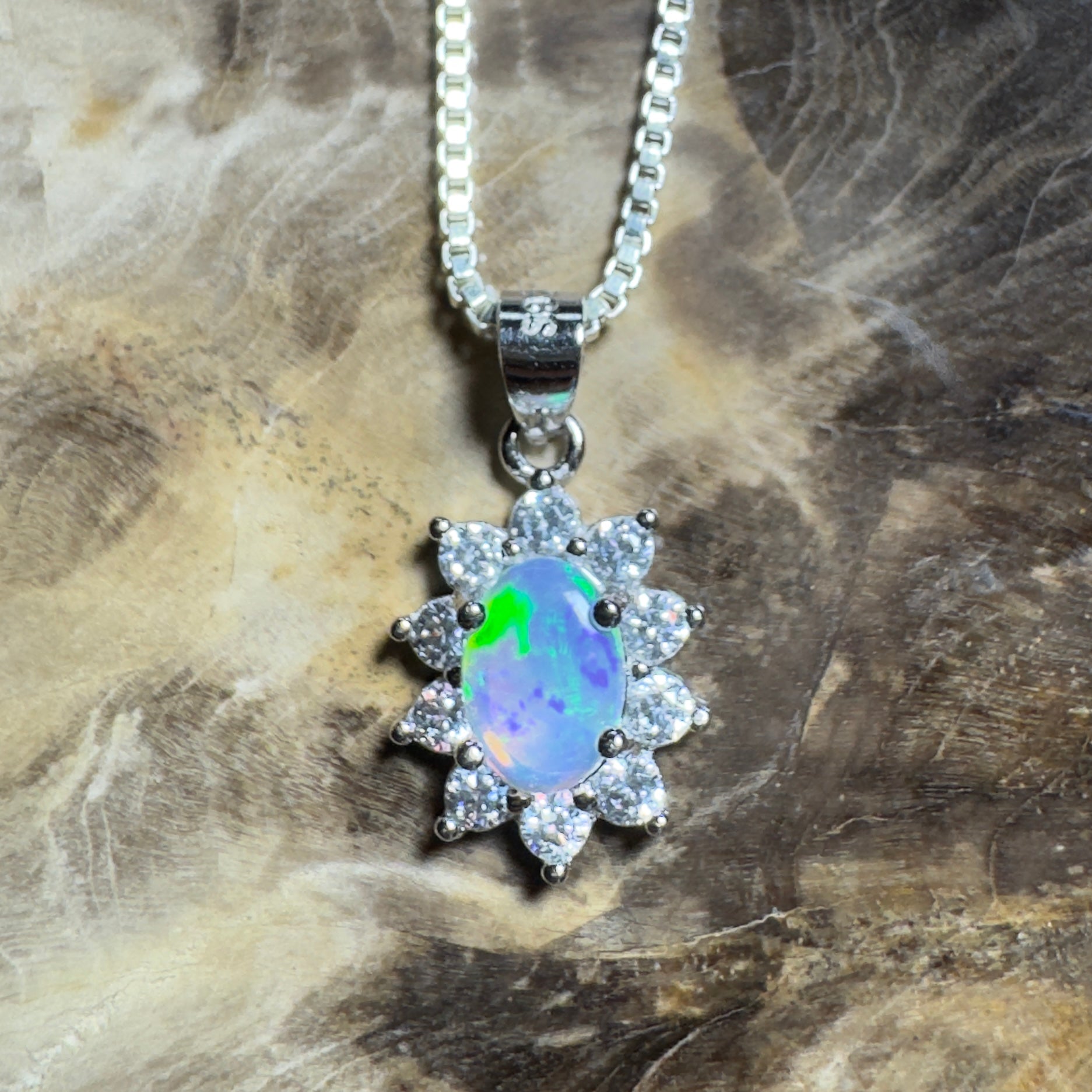0.7ct Lightning Ridge Opal Pendant Necklace ~ 'The Margaret River Halo' | 925 Sterling Silver | Solid Australian Opal