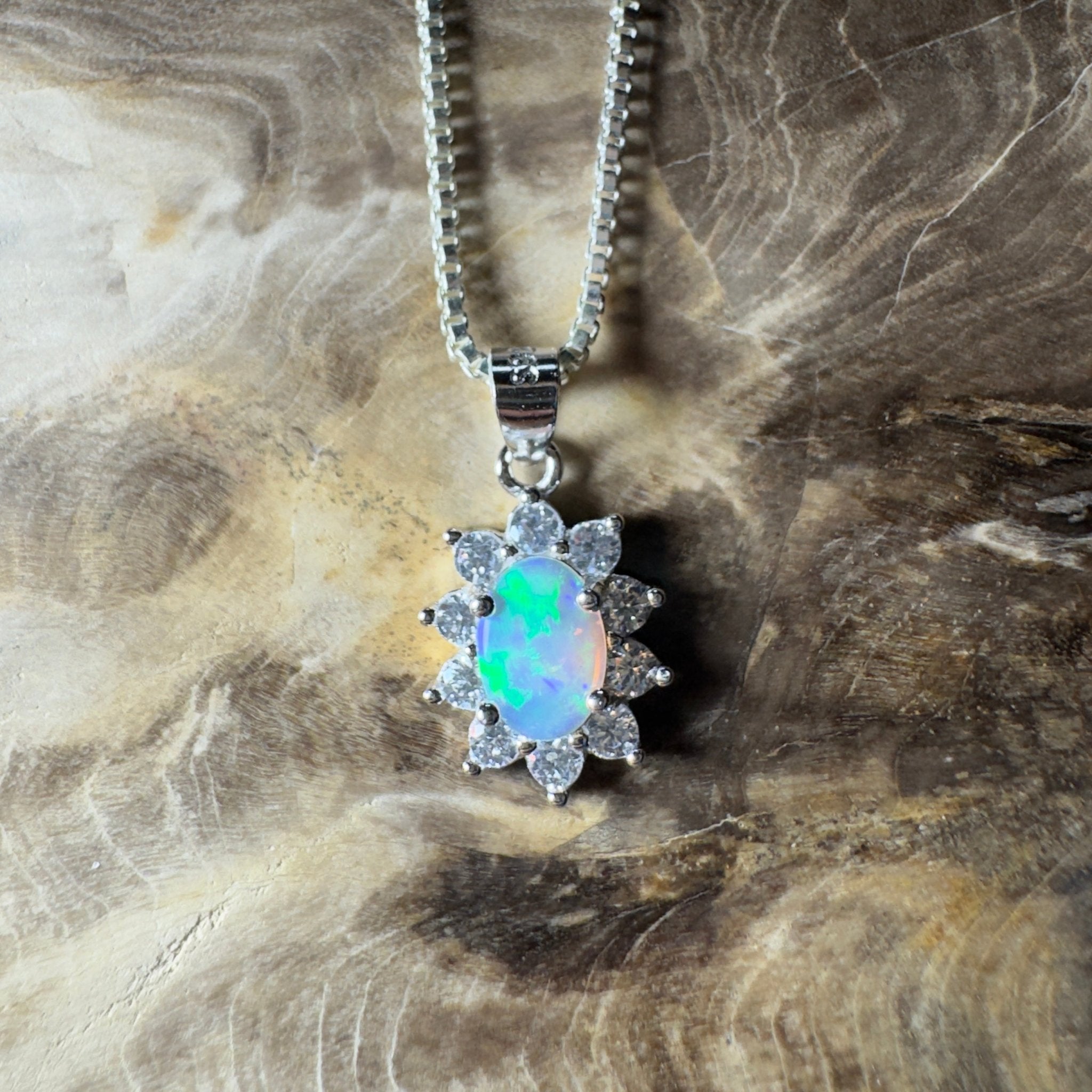 0.7ct Lightning Ridge Opal Pendant Necklace ~ 'The Margaret River Halo' | 925 Sterling Silver | Solid Australian Opal