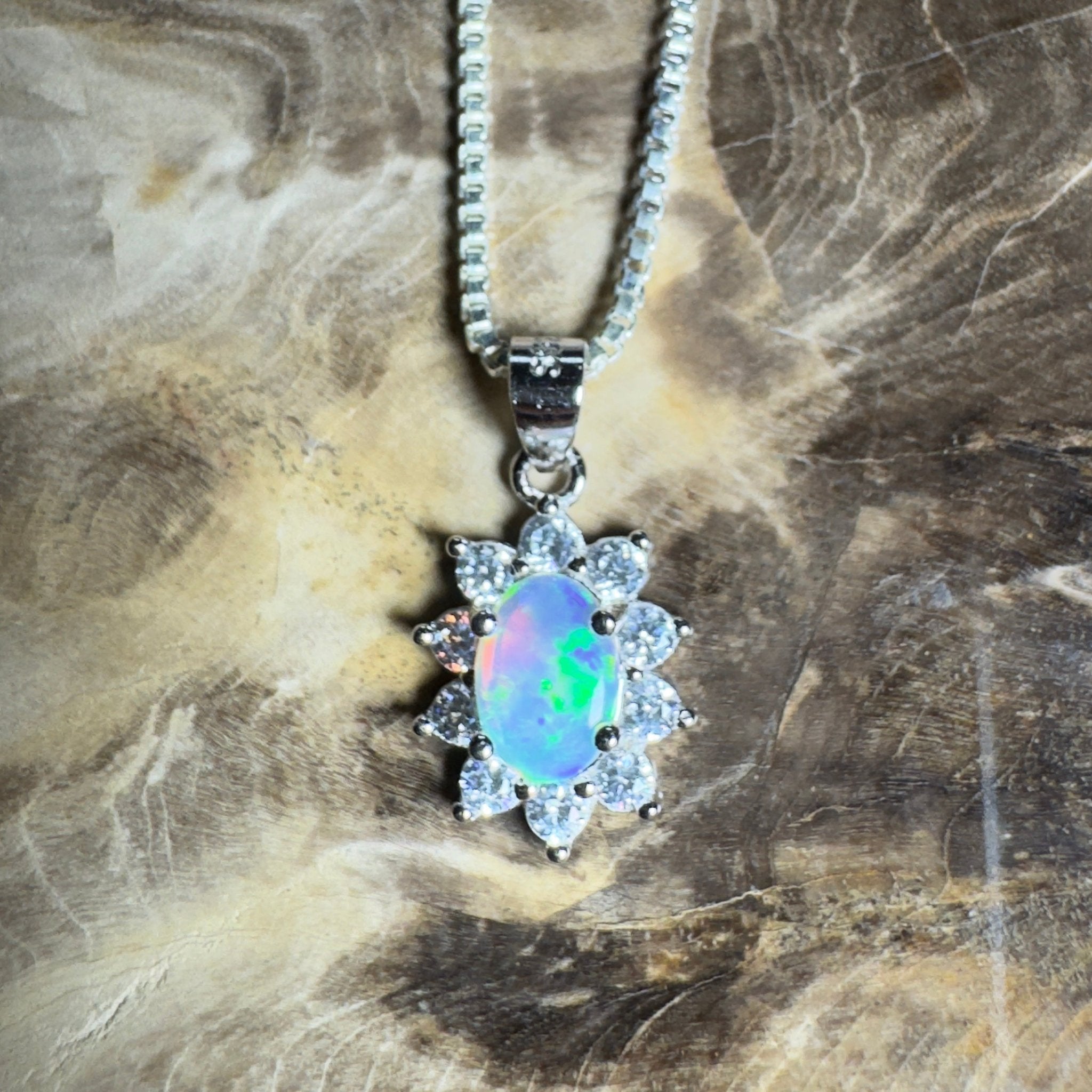 0.7ct Lightning Ridge Opal Pendant Necklace ~ 'The Margaret River Halo' | 925 Sterling Silver | Solid Australian Opal