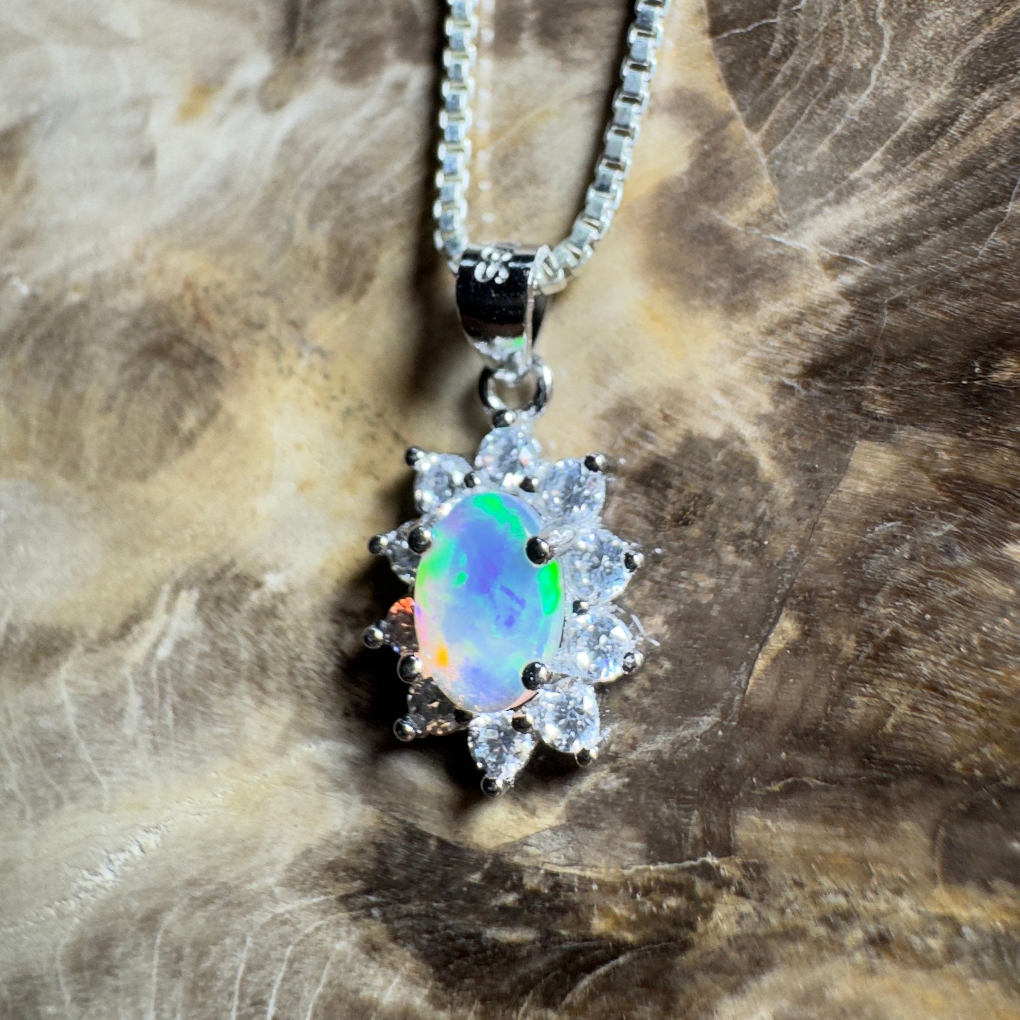 0.7ct Lightning Ridge Opal Pendant Necklace ~ 'The Margaret River Halo' | 925 Sterling Silver | Solid Australian Opal