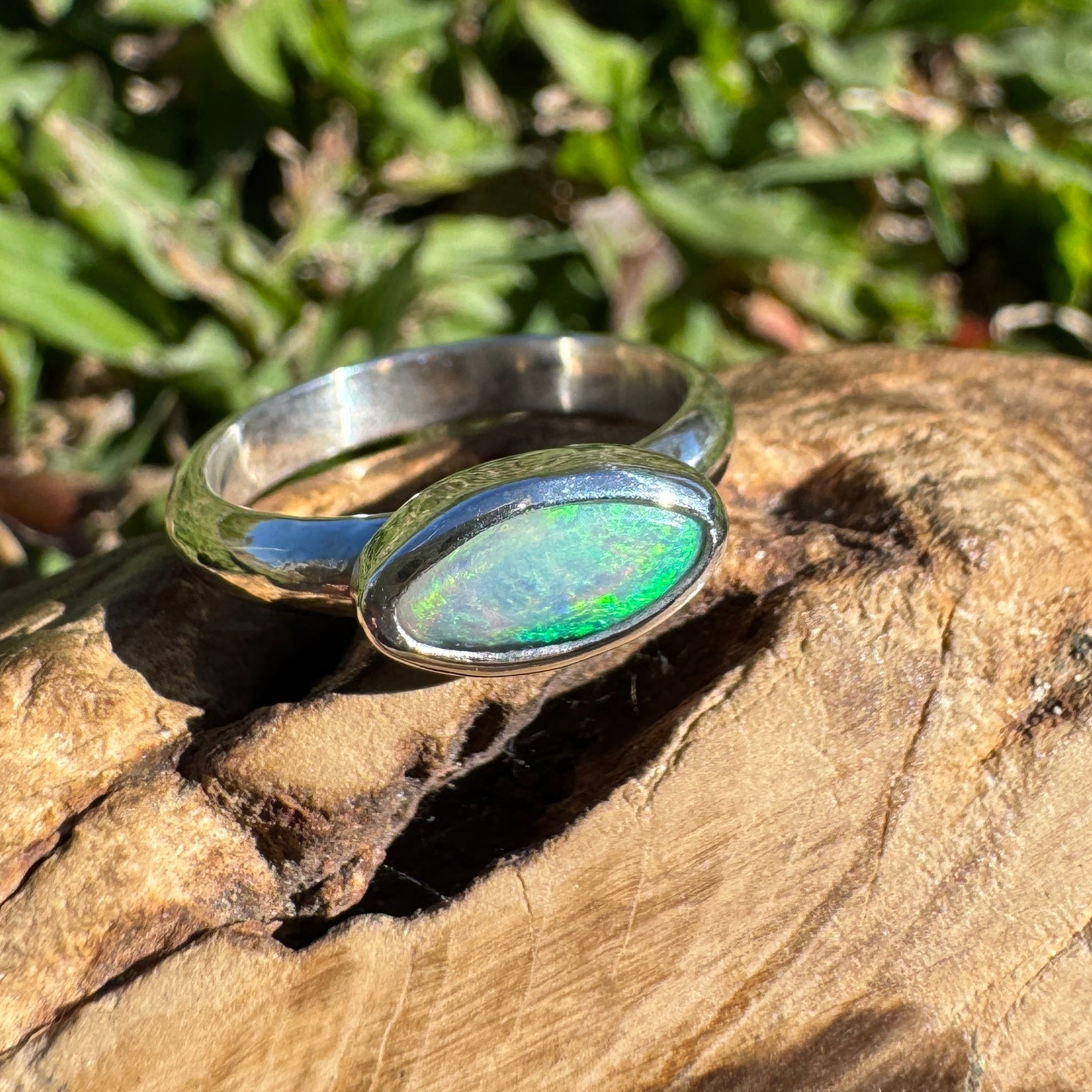 0.7ct Lightning Ridge Opal Ring ~ 'Noosa Heads Green' | 925 Sterling Silver | Solid Australian Opal