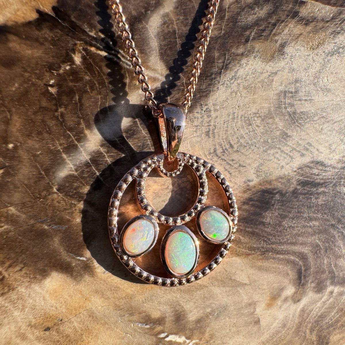0.7ct Lightning Ridge Opal Trio Pendant Necklace ~ 'Remarkable Rocks Trio' | Rose Gold Coated 925 Sterling Silver | Solid Australian Opal