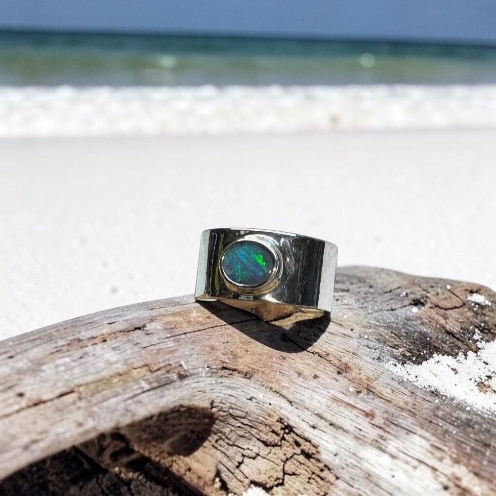 0.7ct Lightning Ridge Semi Black Opal Ring ~ 'Daintree Canopy' | 925 Sterling Silver | Solid Australian Opal
