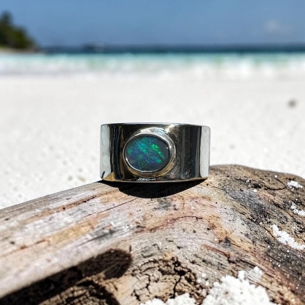 0.7ct Lightning Ridge Semi Black Opal Ring ~ 'Daintree Canopy' | 925 Sterling Silver | Solid Australian Opal