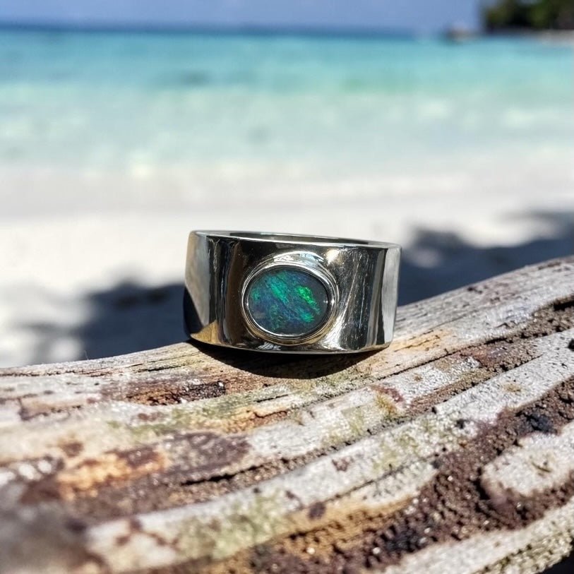 0.7ct Lightning Ridge Semi Black Opal Ring ~ 'Daintree Canopy' | 925 Sterling Silver | Solid Australian Opal