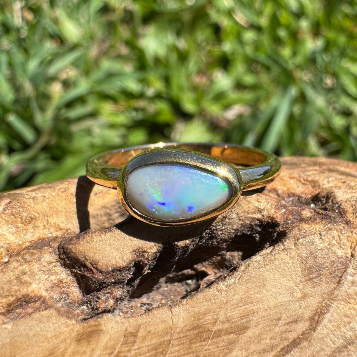 0.7ct Lightning Ridge Semi Black Opal Ring ~ 'Pambula Firelight' | 9ct Yellow Gold | Solid Australian Opal