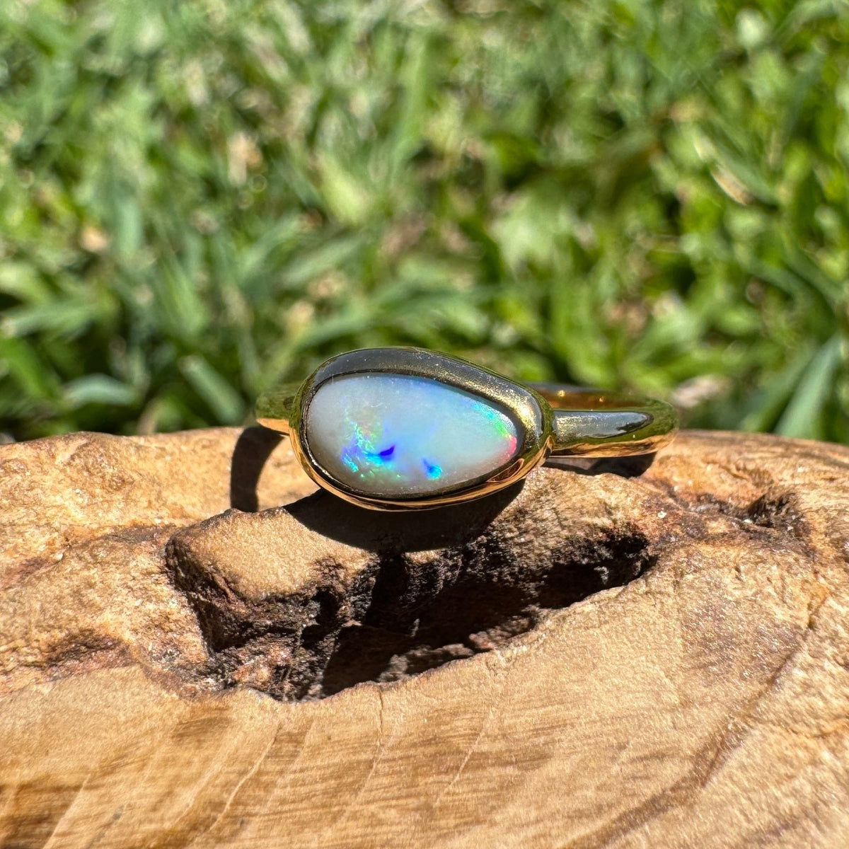 0.7ct Lightning Ridge Semi Black Opal Ring ~ 'Pambula Firelight' | 9ct Yellow Gold | Solid Australian Opal
