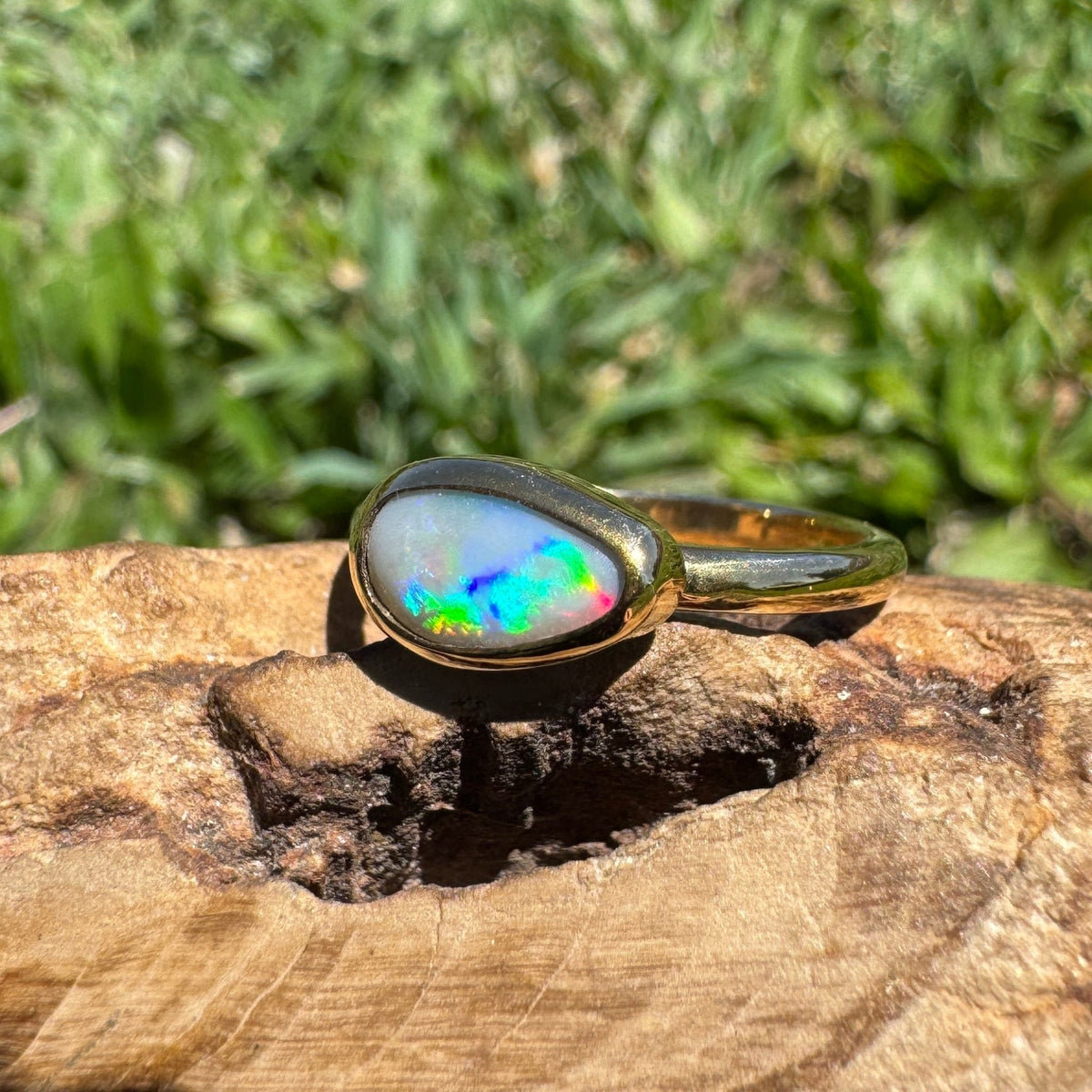 0.7ct Lightning Ridge Semi Black Opal Ring ~ 'Pambula Firelight' | 9ct Yellow Gold | Solid Australian Opal