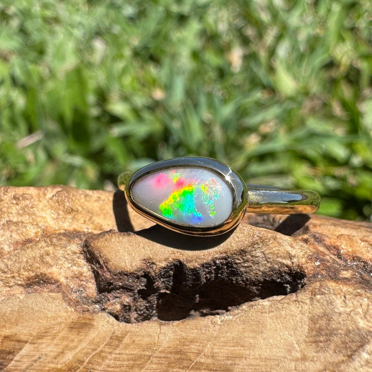 0.7ct Lightning Ridge Semi Black Opal Ring ~ 'Pambula Firelight' | 9ct Yellow Gold | Solid Australian Opal