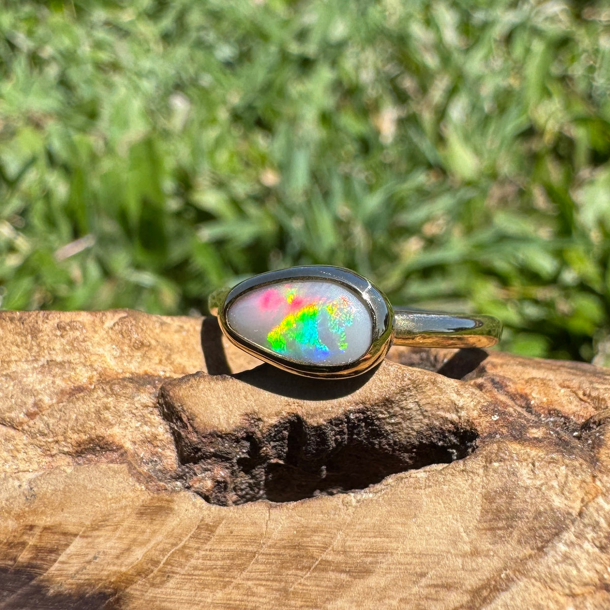 0.7ct Lightning Ridge Semi Black Opal Ring ~ 'Pambula Firelight' | 9ct Yellow Gold | Solid Australian Opal
