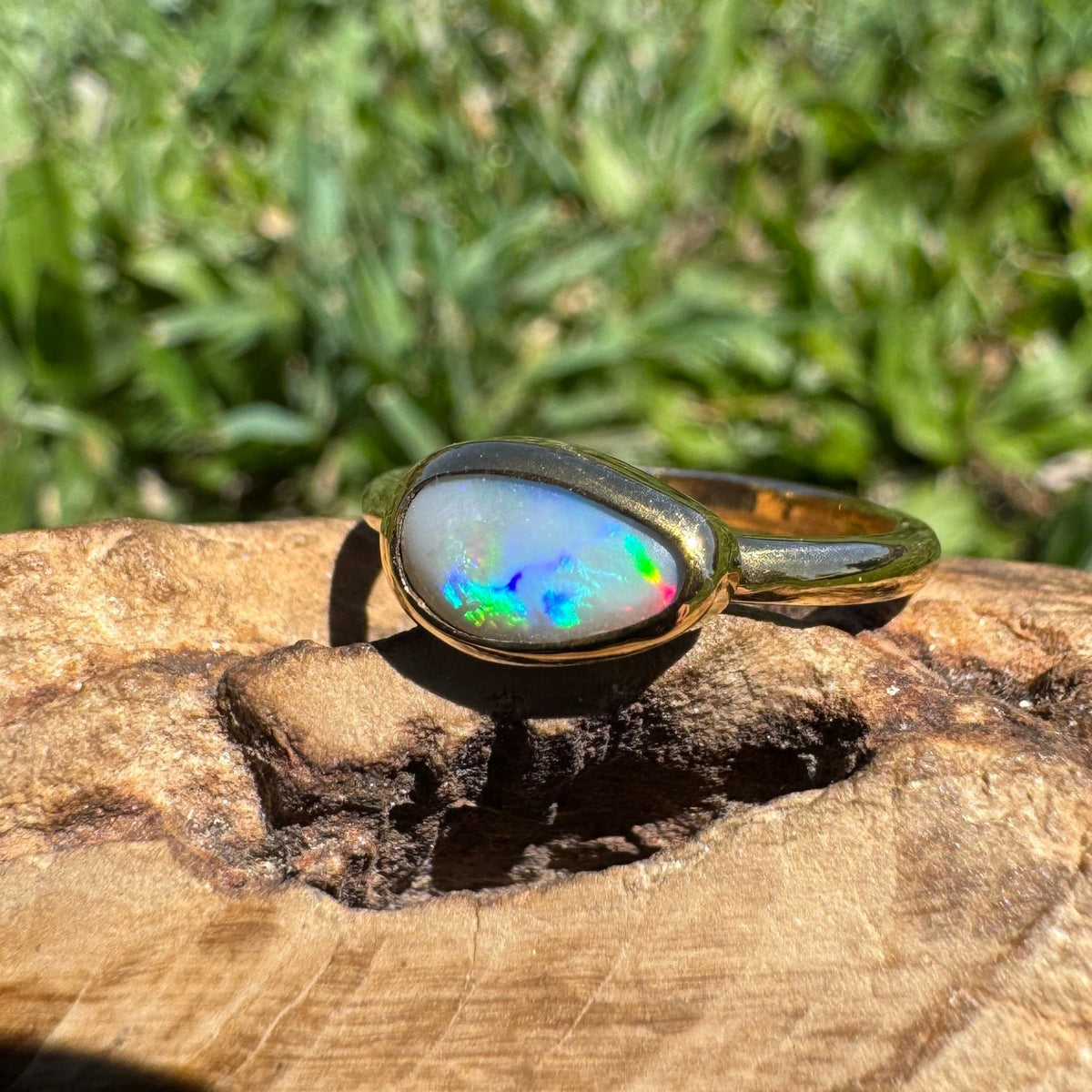 0.7ct Lightning Ridge Semi Black Opal Ring ~ 'Pambula Firelight' | 9ct Yellow Gold | Solid Australian Opal