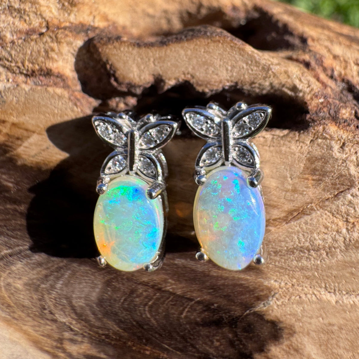 0.8ct Coober Pedy Crystal Opal & Cubic Zirconia Stud Earrings ~ 'Cape Schanck Blues' | 925 Sterling Silver | Solid Australian Opal
