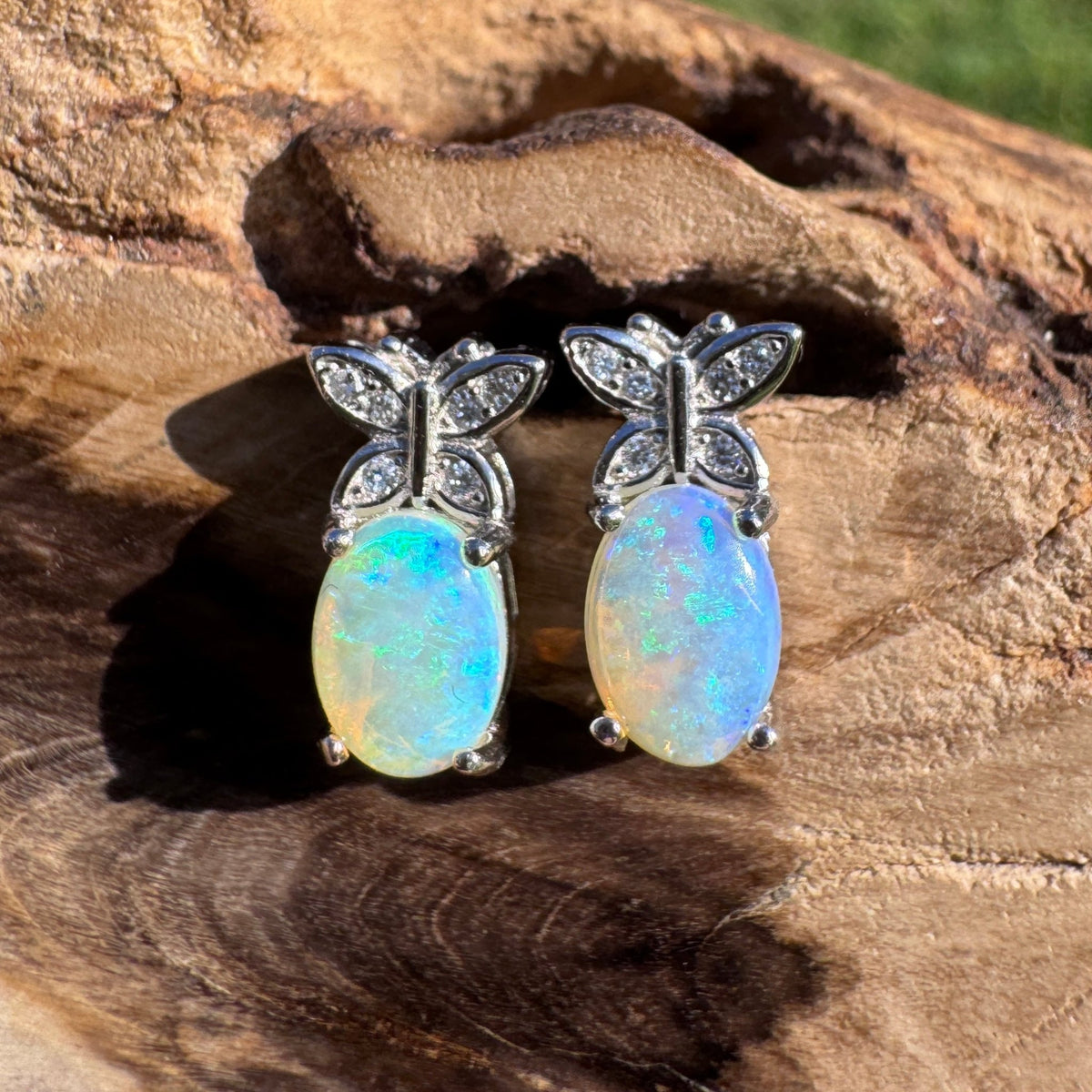 0.8ct Coober Pedy Crystal Opal & Cubic Zirconia Stud Earrings ~ 'Cape Schanck Blues' | 925 Sterling Silver | Solid Australian Opal