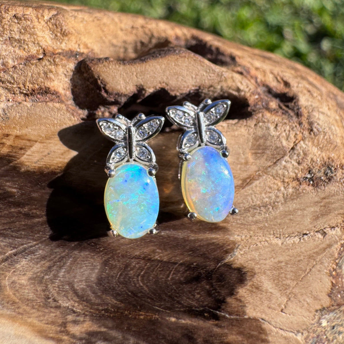 0.8ct Coober Pedy Crystal Opal & Cubic Zirconia Stud Earrings ~ 'Cape Schanck Blues' | 925 Sterling Silver | Solid Australian Opal