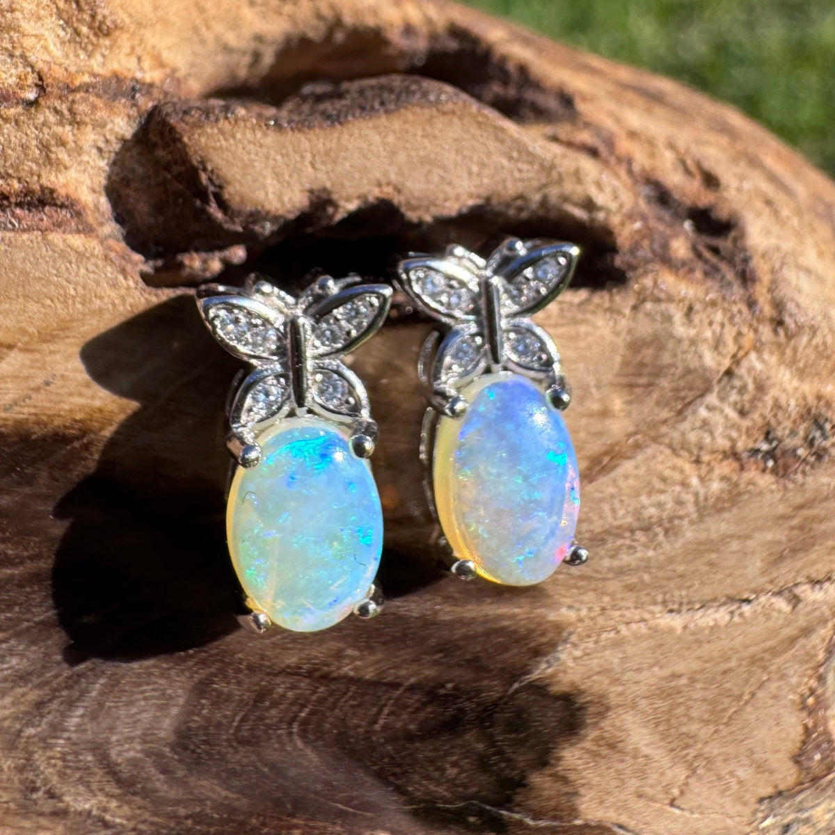 0.8ct Coober Pedy Crystal Opal & Cubic Zirconia Stud Earrings ~ 'Cape Schanck Blues' | 925 Sterling Silver | Solid Australian Opal