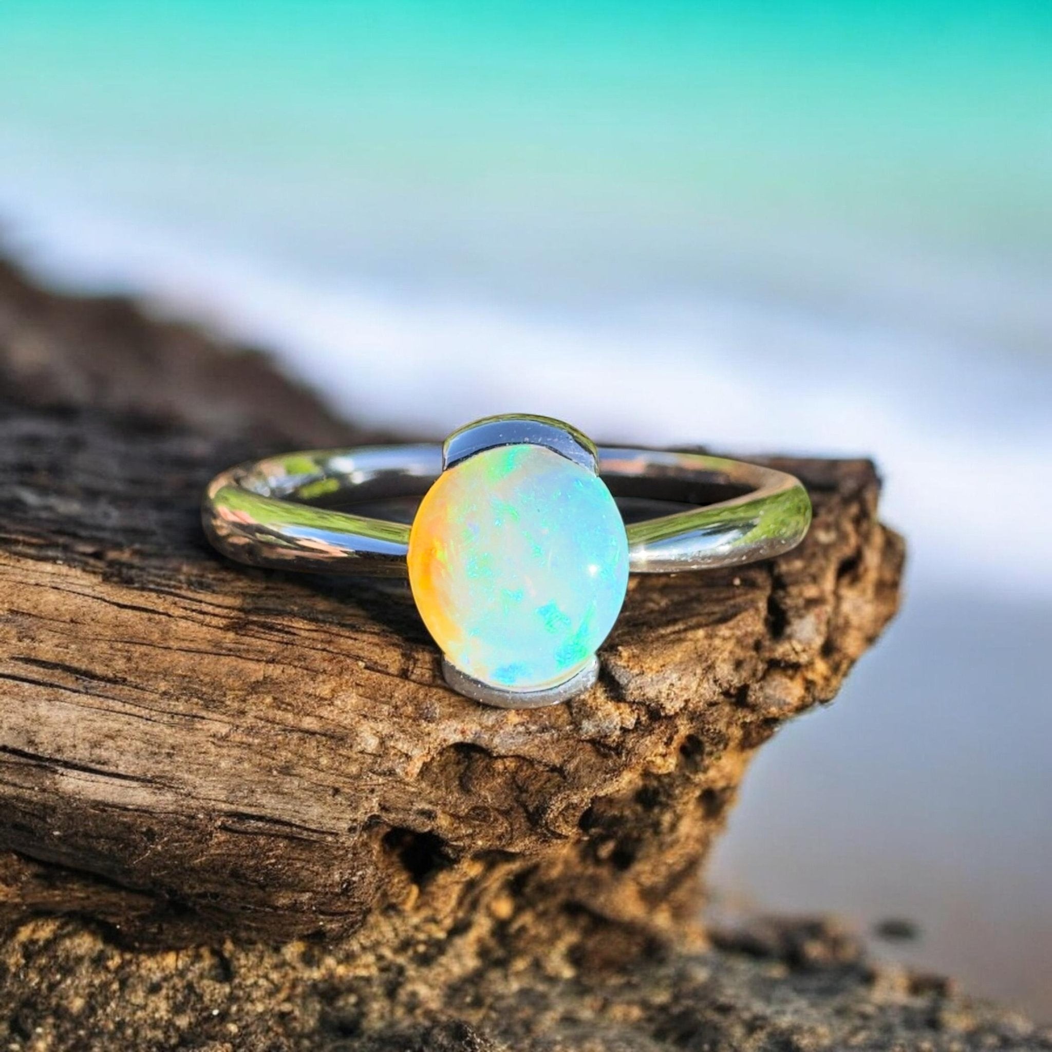 0.8ct Coober Pedy Crystal Opal Ring ~ 'Curl Curl Blues' | 925 Sterling Silver | Solid Australian Opal