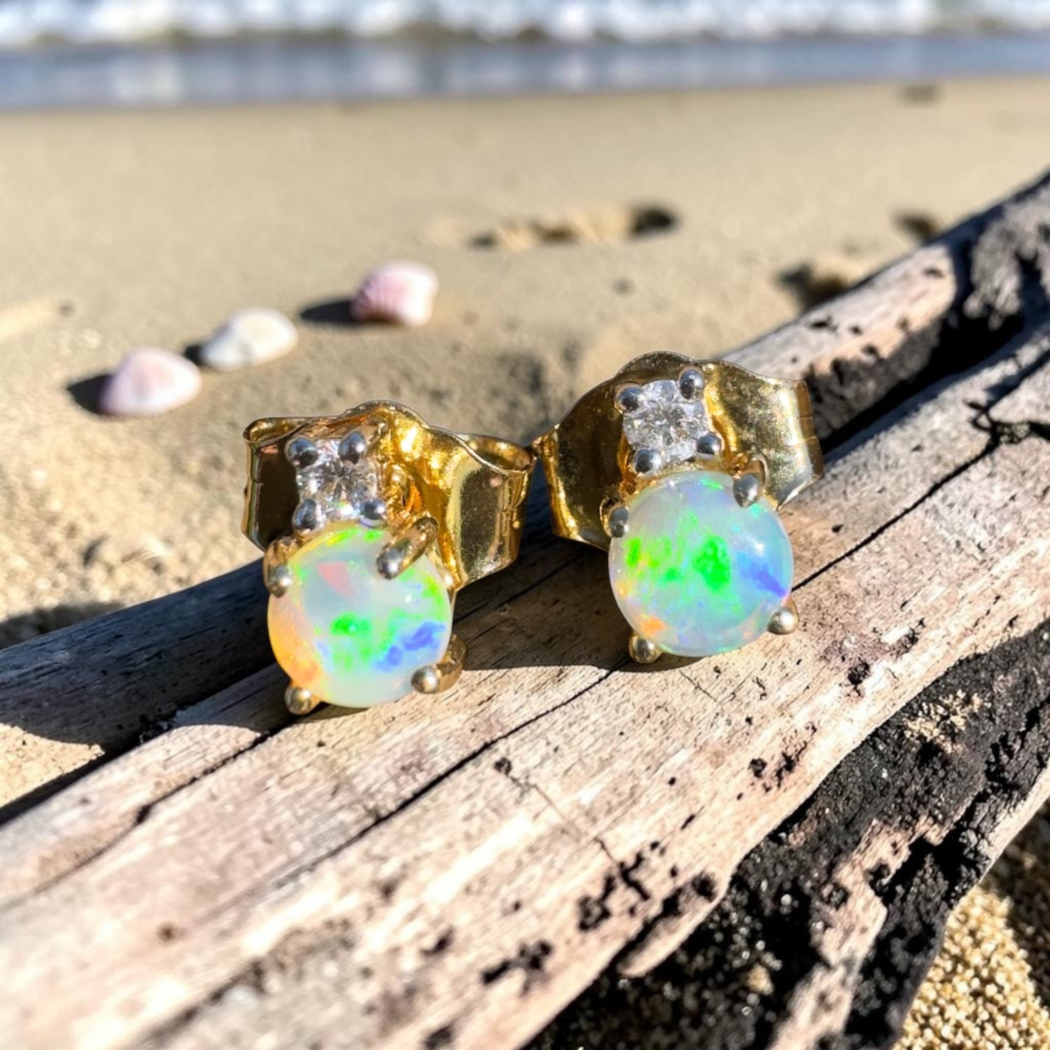 0.8ct Coober Pedy Opal Earrings ~ 'Kuranda Green' | 14ct Yellow Gold | Solid Australian Opal