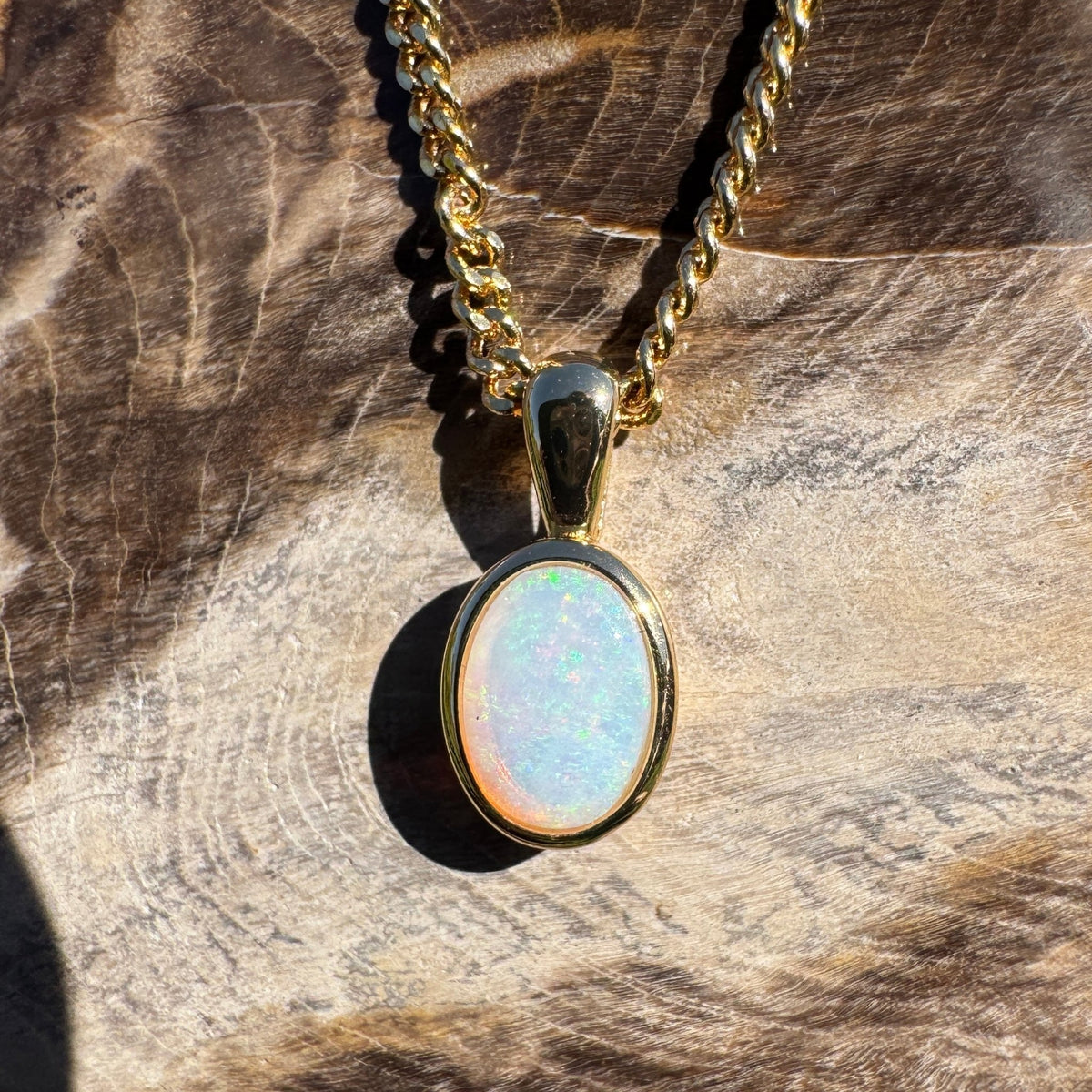0.8ct Coober Pedy Opal Pendant Necklace ~ 'Point Lookout Glow' | Yellow Gold Coated 925 Sterling Silver | Solid Australian Opal