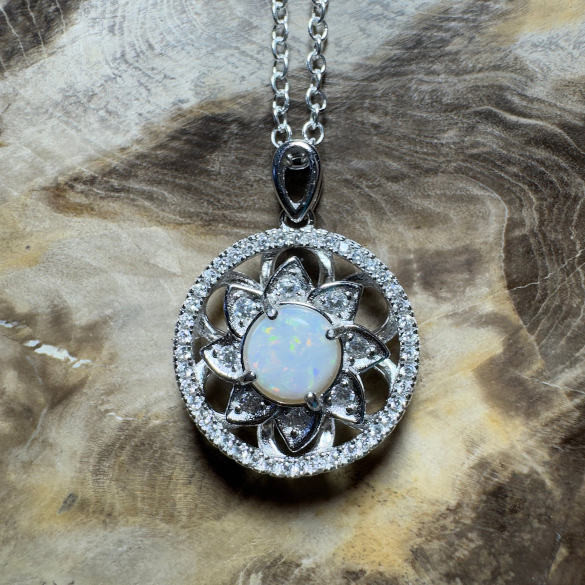 0.8ct Coober Pedy Opal Pendant Necklace ~ 'Whitsunday Reef Halo' | 925 Sterling Silver | Solid Australian Opal