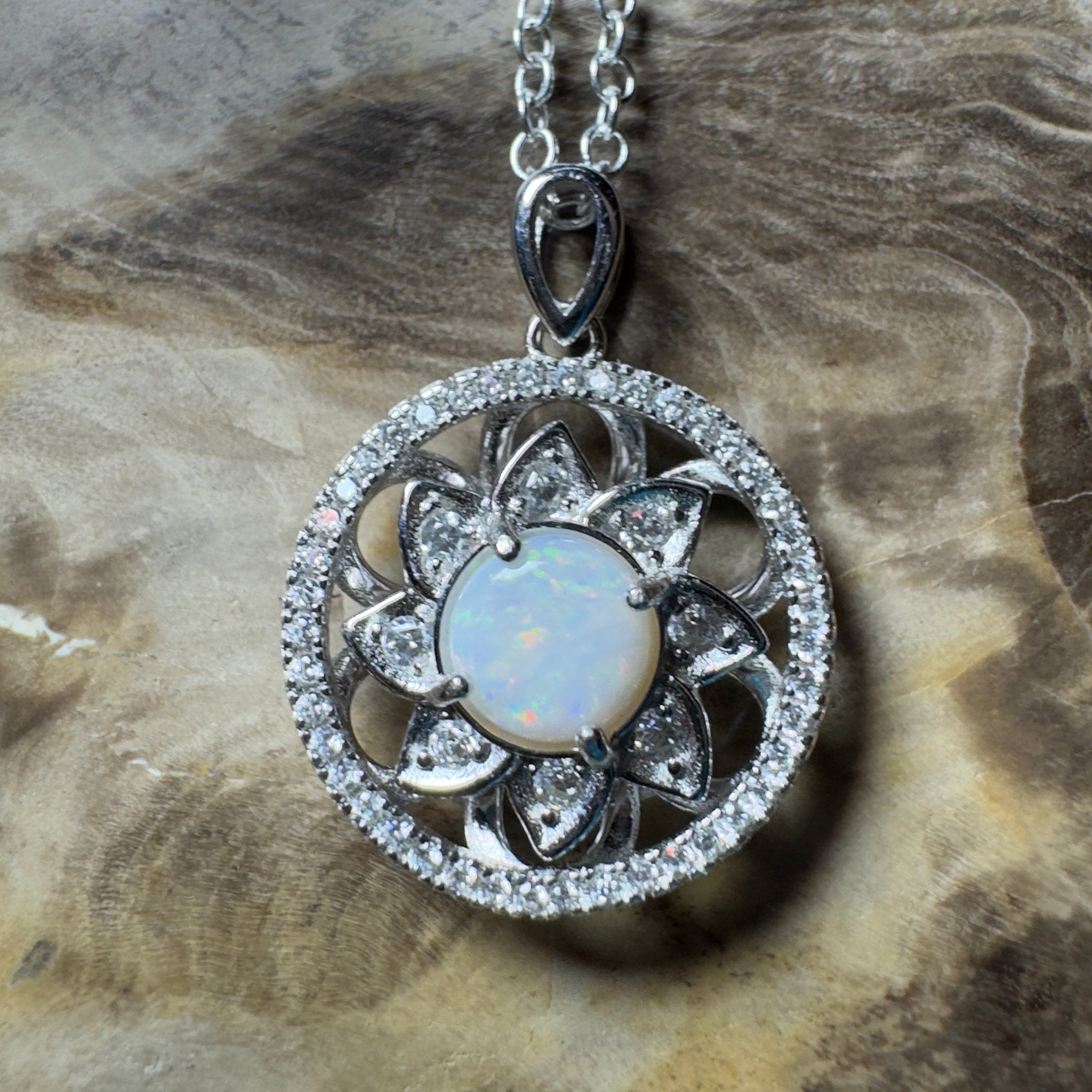 0.8ct Coober Pedy Opal Pendant Necklace ~ 'Whitsunday Reef Halo' | 925 Sterling Silver | Solid Australian Opal
