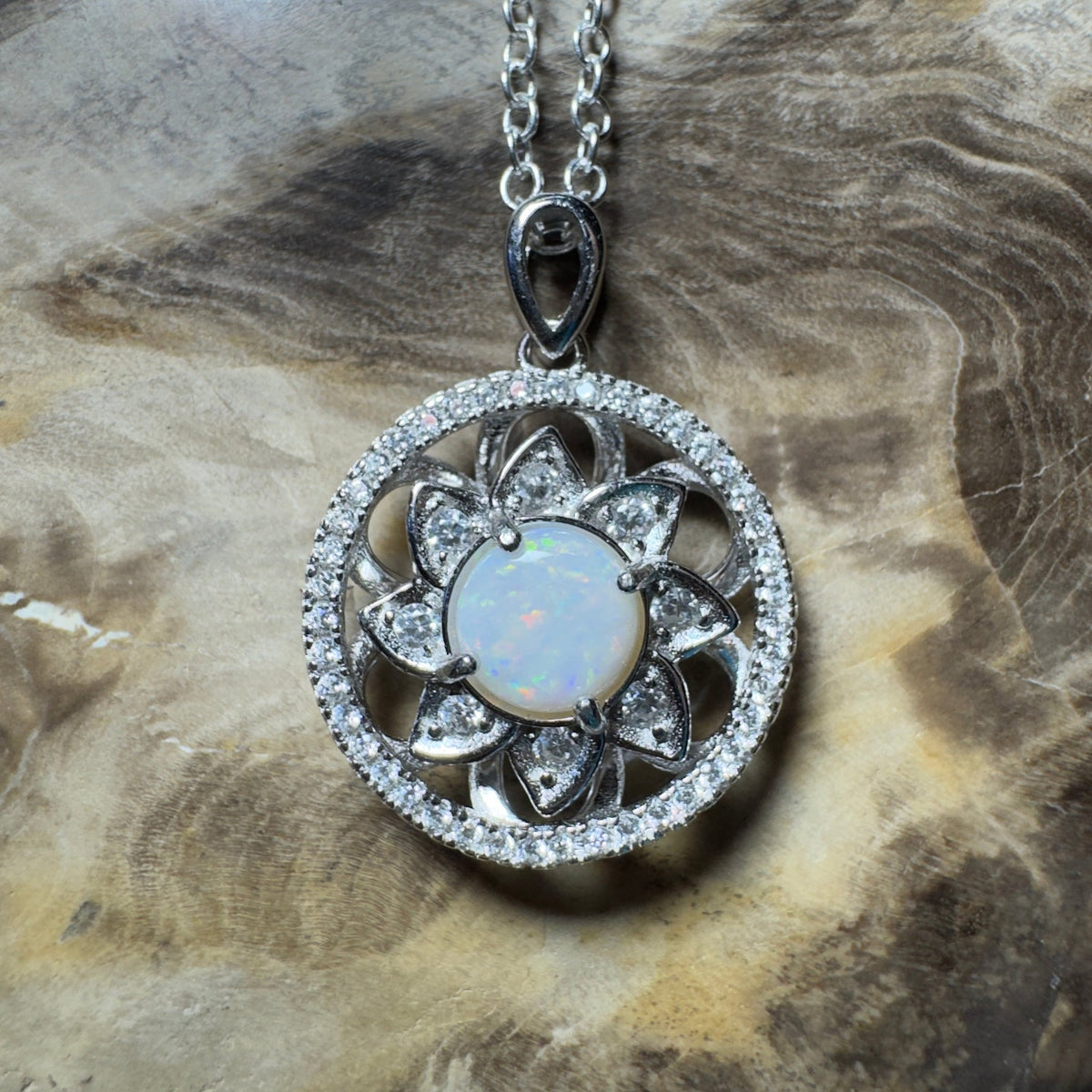 0.8ct Coober Pedy Opal Pendant Necklace ~ 'Whitsunday Reef Halo' | 925 Sterling Silver | Solid Australian Opal