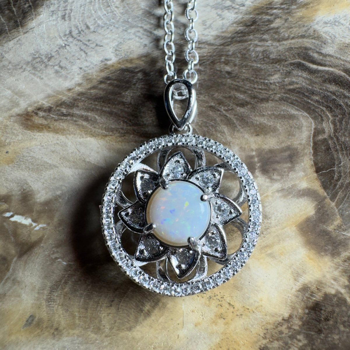 0.8ct Coober Pedy Opal Pendant Necklace ~ 'Whitsunday Reef Halo' | 925 Sterling Silver | Solid Australian Opal