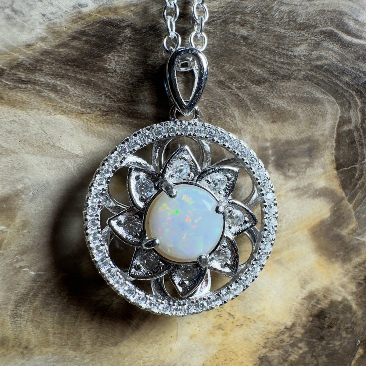 0.8ct Coober Pedy Opal Pendant Necklace ~ 'Whitsunday Reef Halo' | 925 Sterling Silver | Solid Australian Opal