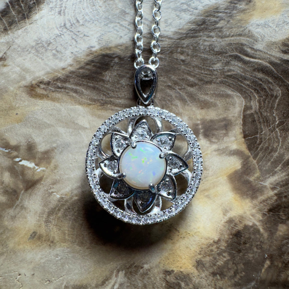 0.8ct Coober Pedy Opal Pendant Necklace ~ 'Whitsunday Reef Halo' | 925 Sterling Silver | Solid Australian Opal