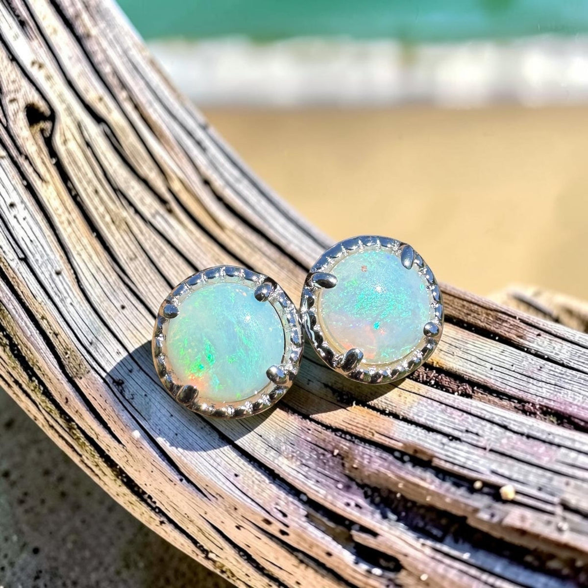 0.8ct Coober Pedy Opal Stud Earrings ~ 'Ocean Beach Blues' | 925 Sterling Silver | Solid Australian Opal