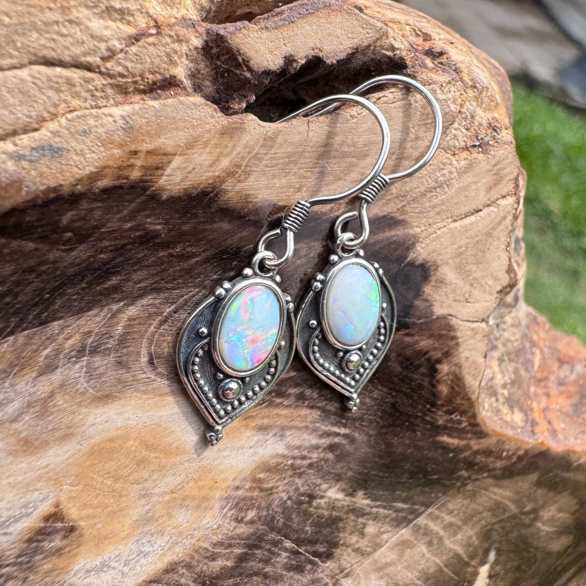 0.9ct Coober Pedy Opal Hook Earrings ~ 'Mount Gambier Fire' | 925 Sterling Silver | Solid Australian Opal