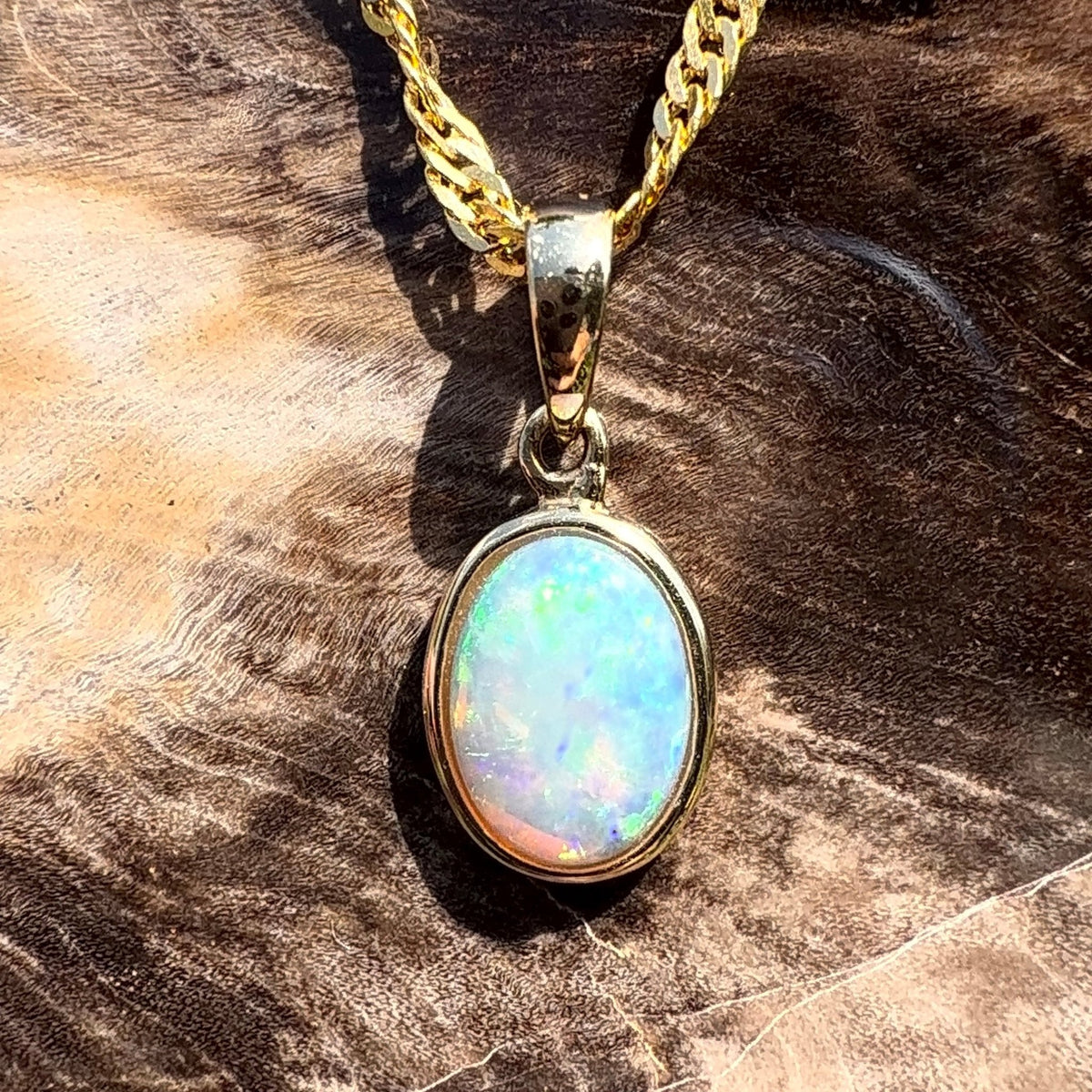 0.9ct Coober Pedy Opal Pendant Necklace ~ 'Cockle Creek Halo' | 14ct Yellow Gold | Solid Australian Opal