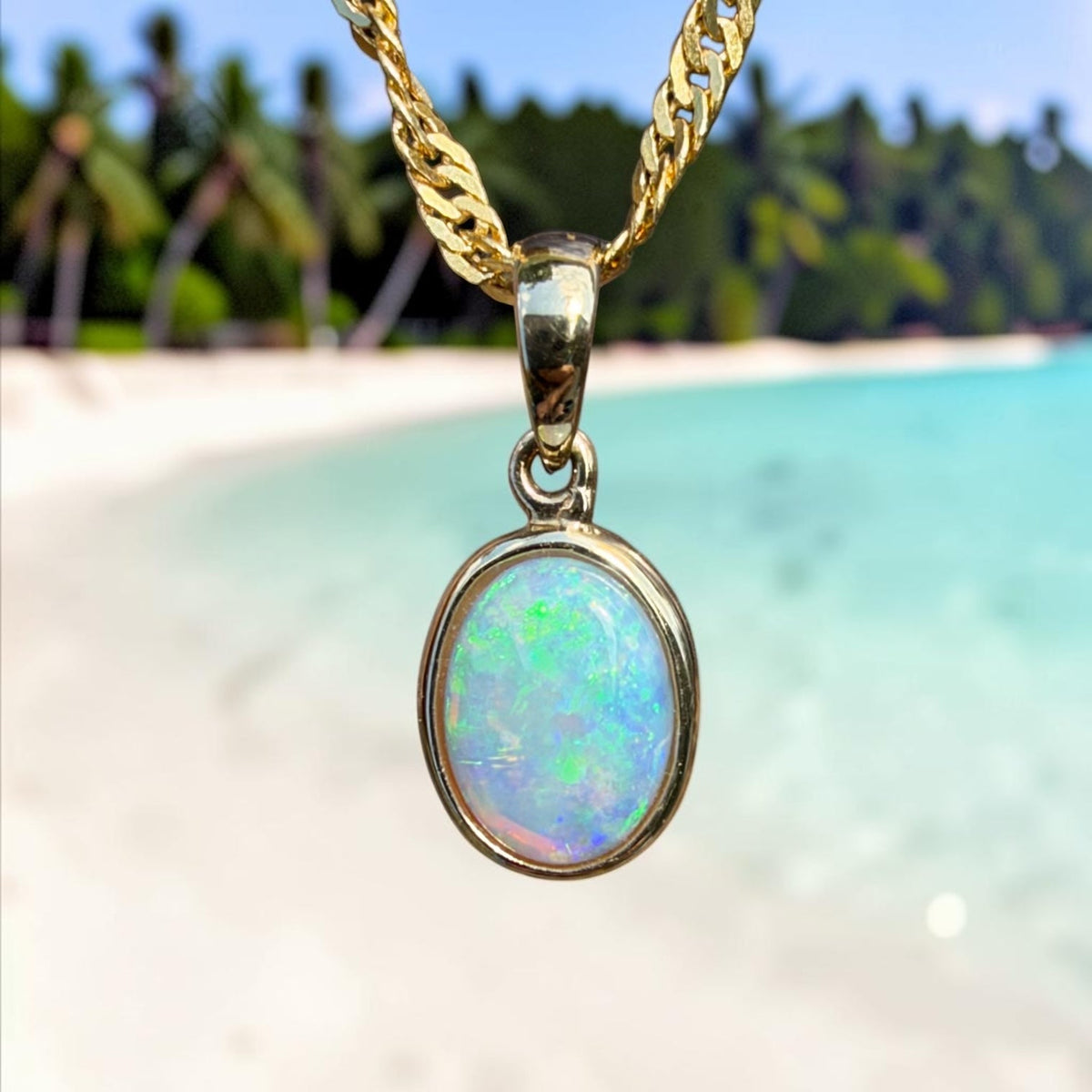 0.9ct Coober Pedy Opal Pendant Necklace ~ 'Cockle Creek Halo' | 14ct Yellow Gold | Solid Australian Opal