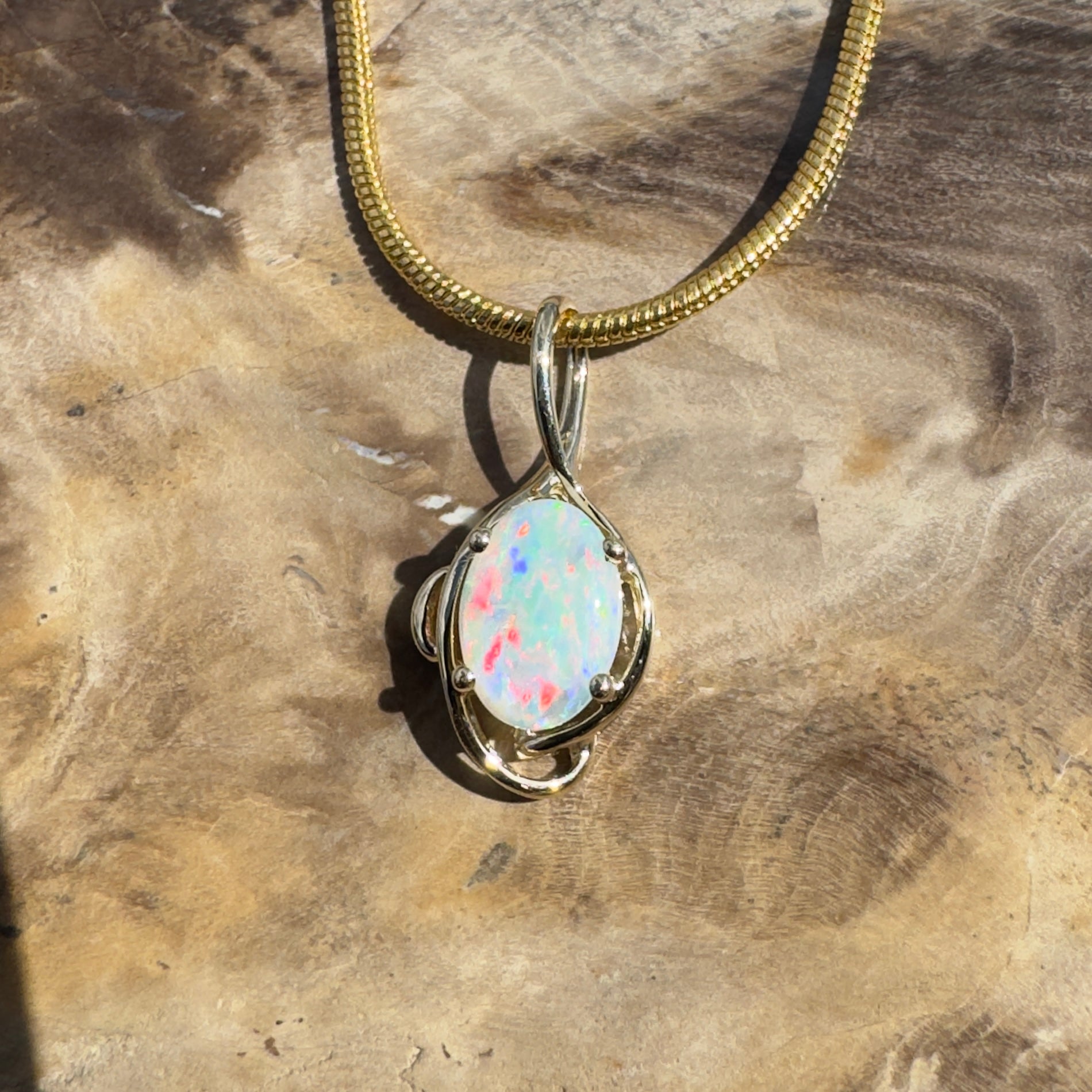 0.9ct Coober Pedy Opal Pendant Necklace ~ 'Peregian Gold' | 9ct Yellow Gold | Solid Australian Opal