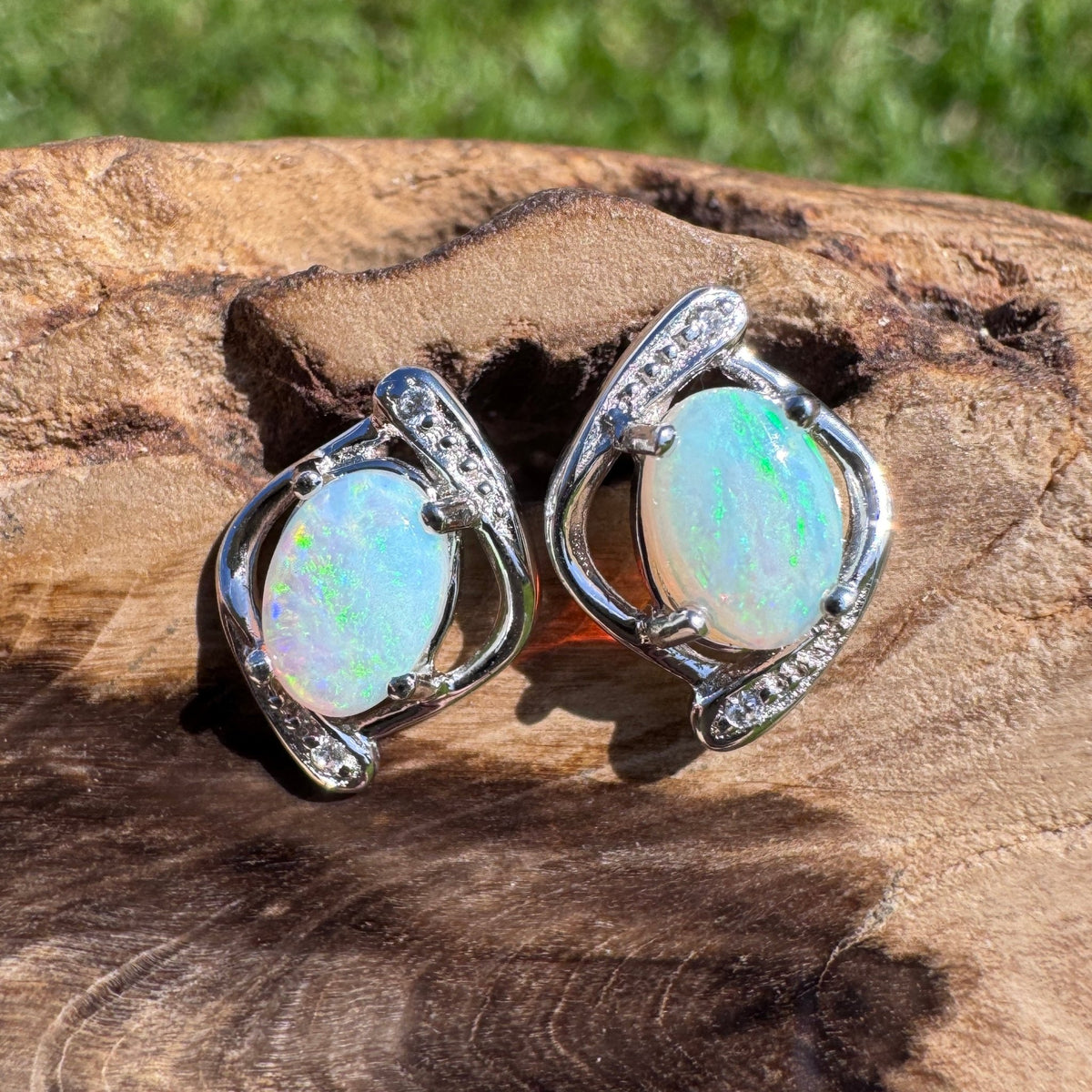 0.9ct Lightning Ridge Opal & Cubic Zirconia Stud Earrings ~ 'Merimbula Blues' | 925 Sterling Silver | Solid Australian Opal