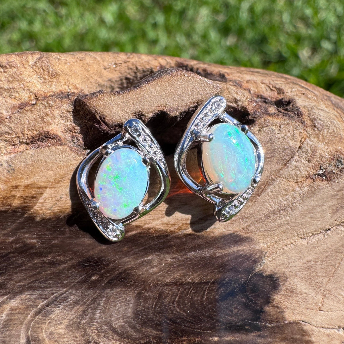0.9ct Lightning Ridge Opal & Cubic Zirconia Stud Earrings ~ 'Merimbula Blues' | 925 Sterling Silver | Solid Australian Opal