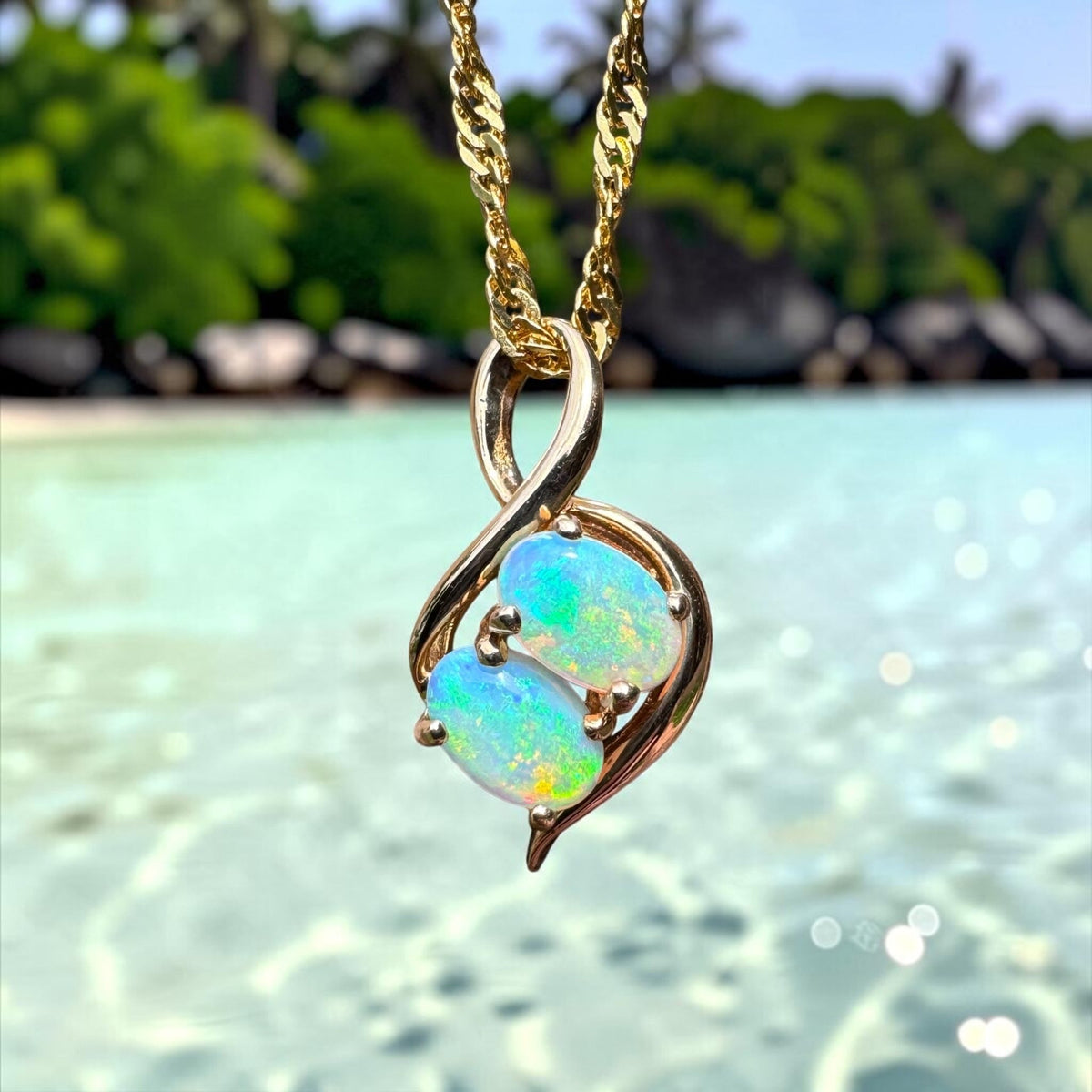 0.9ct Lightning Ridge Opal Pendant Necklace ~ 'Mission Beach Duo' | 14ct Yellow Gold | Solid Australian Opal