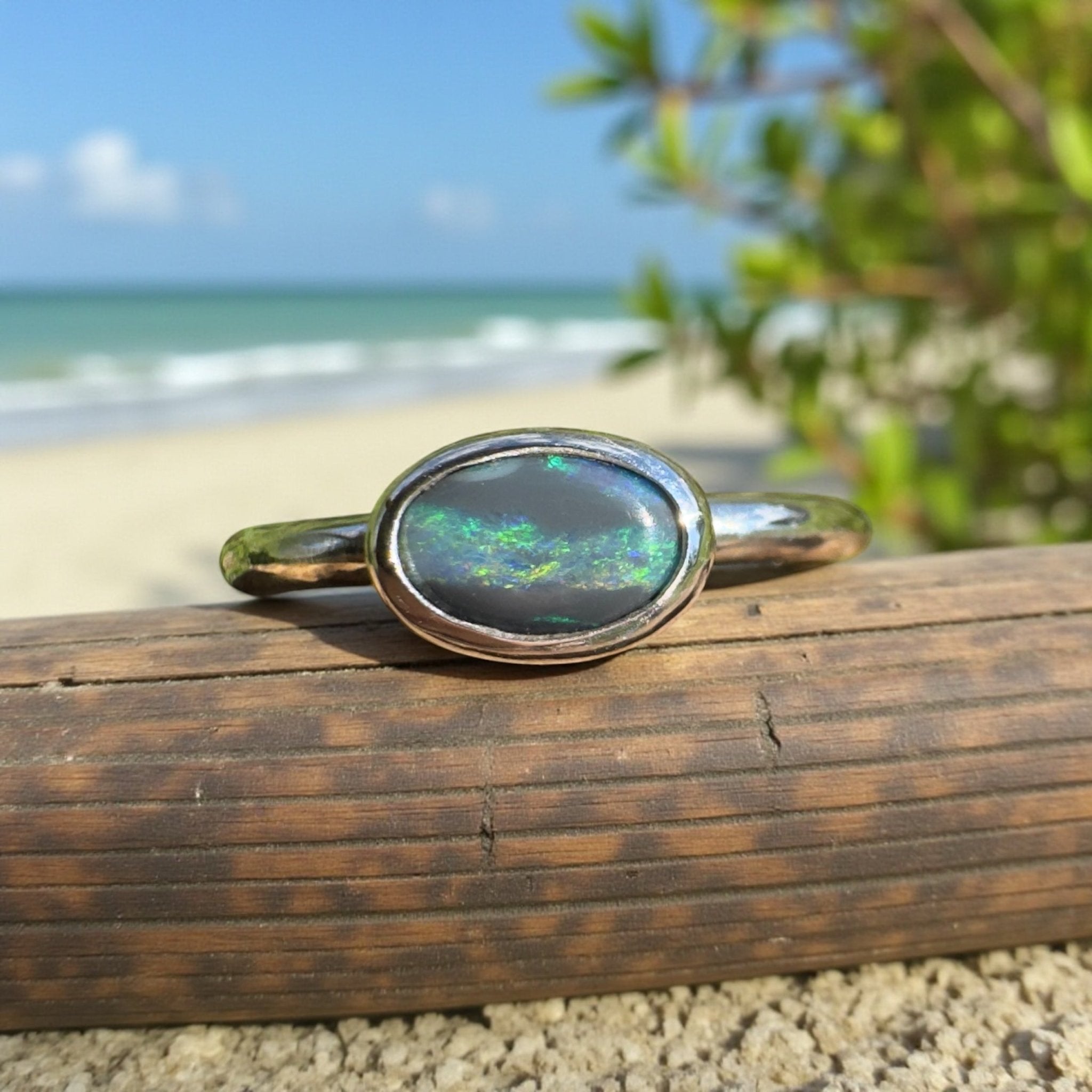 0.9ct Lightning Ridge Semi Black Opal Ring ~ 'Rainforest Break' | 925 Sterling Silver | Solid Australian Opal