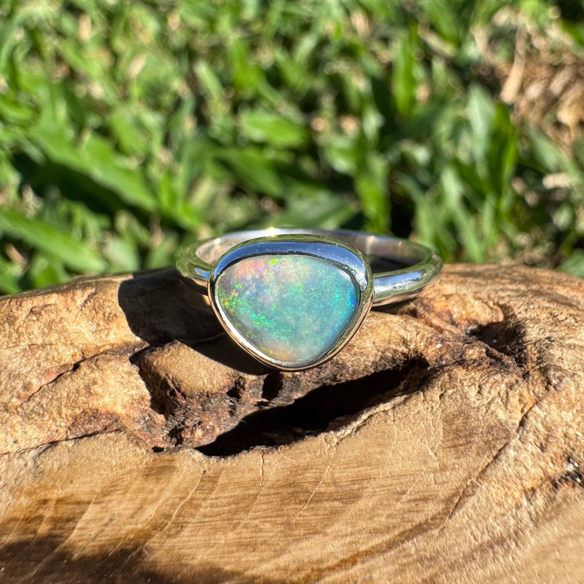 0.9ct Lightning Ridge Semi Black Opal Ring ~ 'Snowy River Rush' | Solid Australian Opal | Hand-Cut