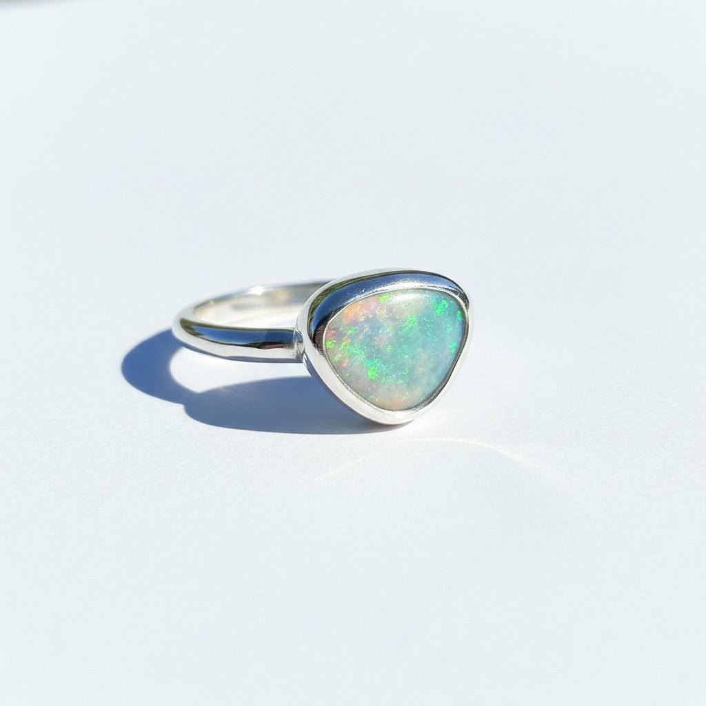 0.9ct Lightning Ridge Semi Black Opal Ring ~ 'Snowy River Rush' | Solid Australian Opal | Hand-Cut