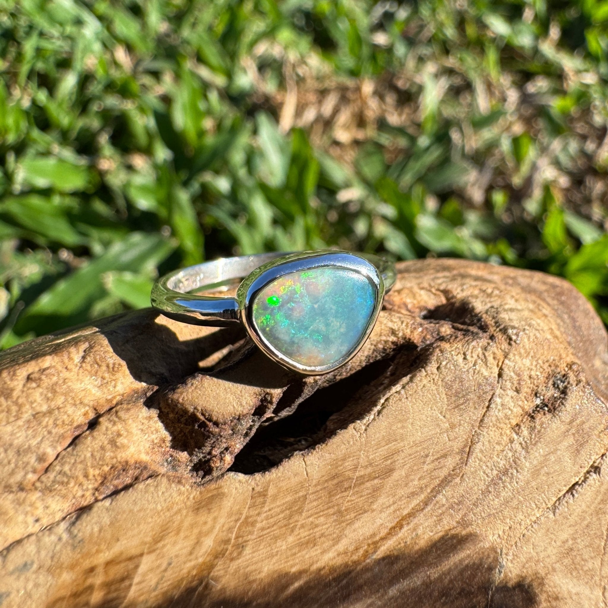 0.9ct Lightning Ridge Semi Black Opal Ring ~ 'Snowy River Rush' | Solid Australian Opal | Hand-Cut