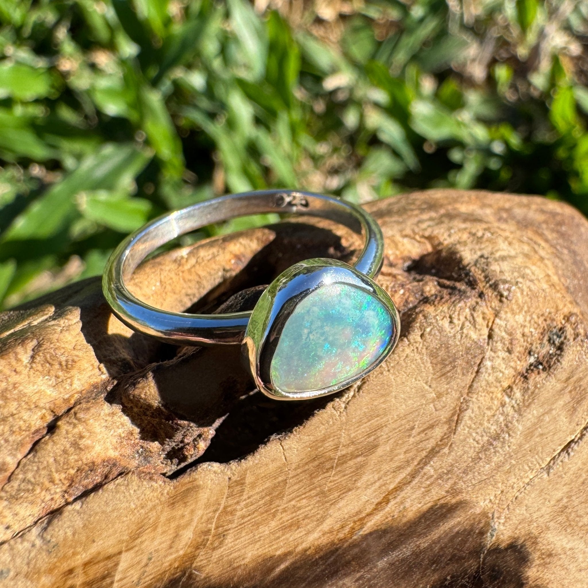 0.9ct Lightning Ridge Semi Black Opal Ring ~ 'Snowy River Rush' | Solid Australian Opal | Hand-Cut