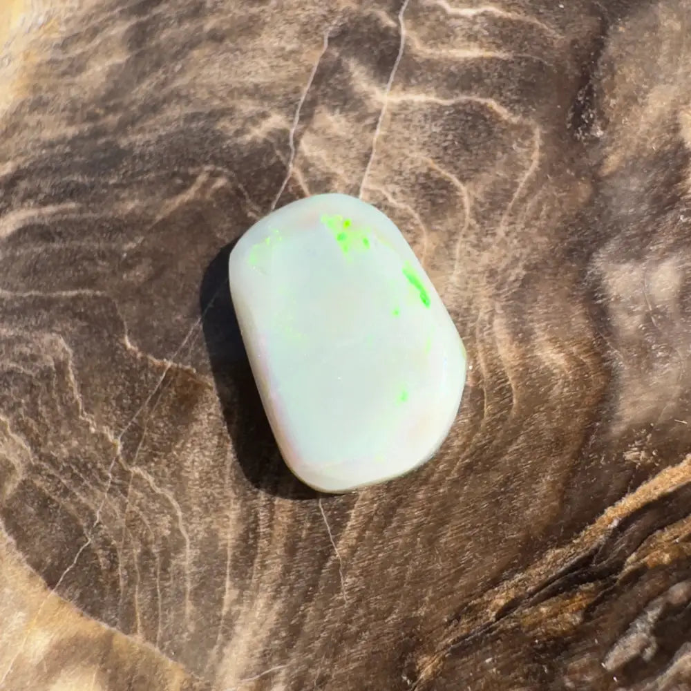 Polished, pale green stone with bright green spots.