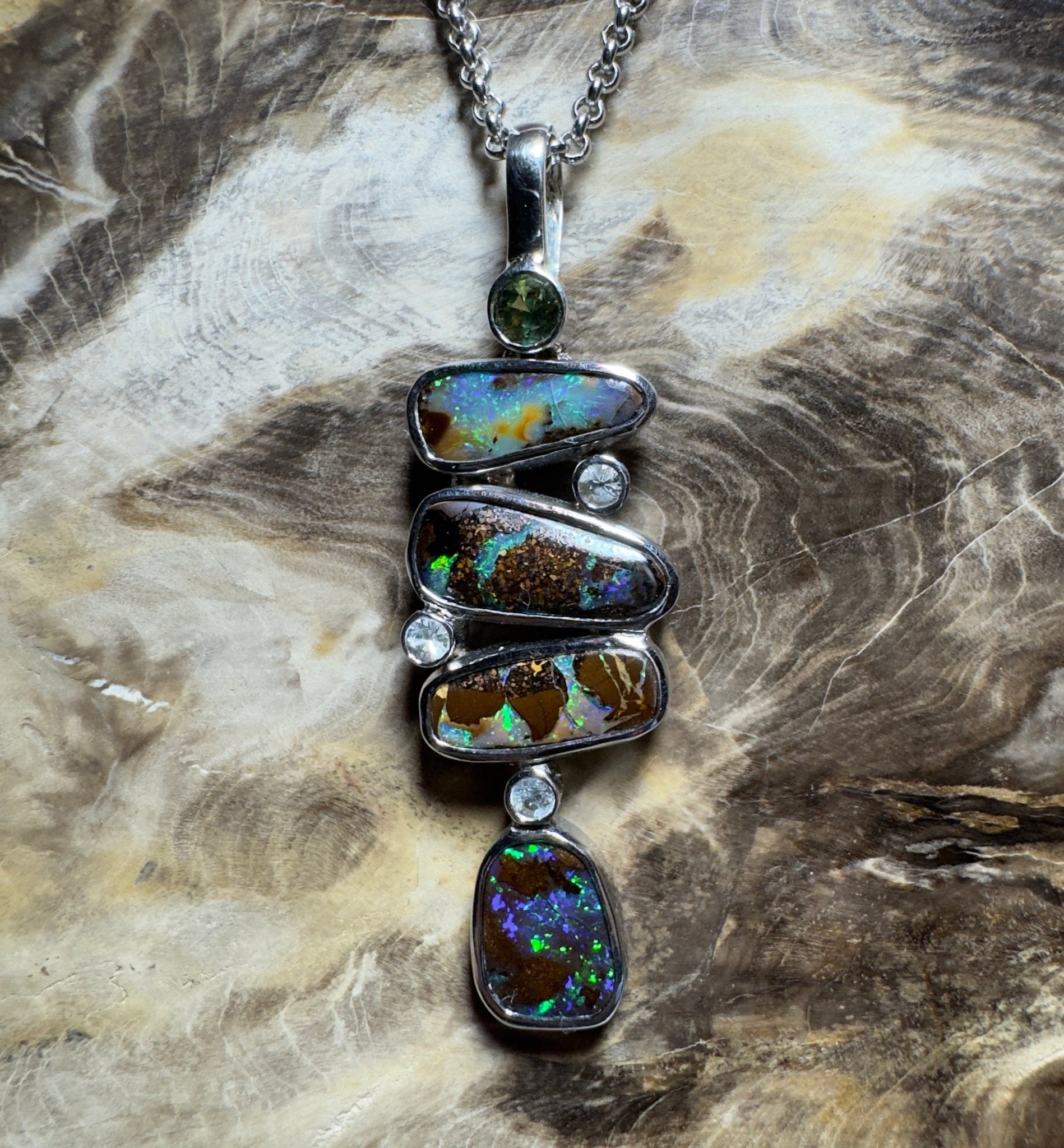 10ct Queensland Boulder Opal Pendant Necklace with 0.6ct Green Sapphire & 0.2ct White Sapphire ~ 'Daintree Dreamscape' | 925 Sterling Silver | Solid Australian Opal